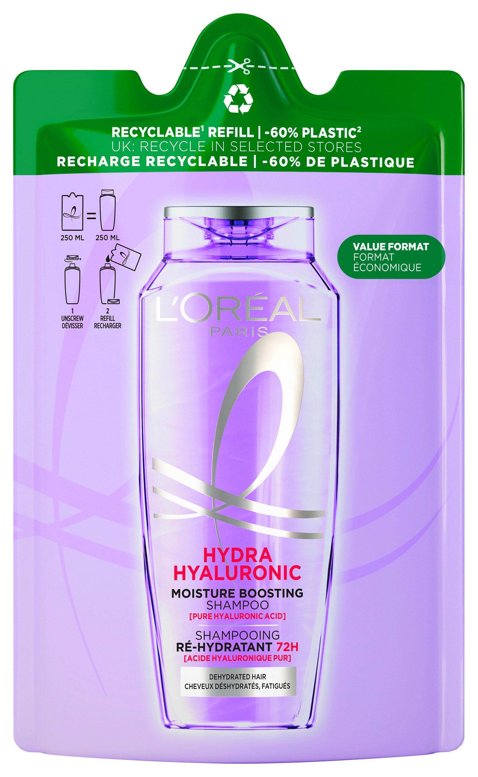 L'ORÉAL PARIS Haarshampoo ELVITAL HYDRA HYALURONIC SHAMPOO NACHFÜLLPACK, Packung, 6-tlg., Hyaluronsäure für trockenes Haar, Feuchtigkeitsspendend