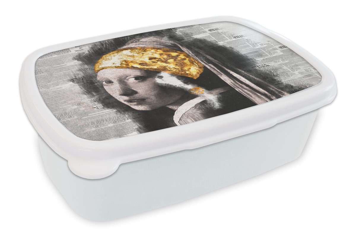 und mit Brotbox Kunststoff, Collage, Perlenohrring MuchoWow Brotdose, weiß Das - Mädchen Mädchen - Erwachsene, Lunchbox (2-tlg), dem Kinder Vermeer für für Jungs und
