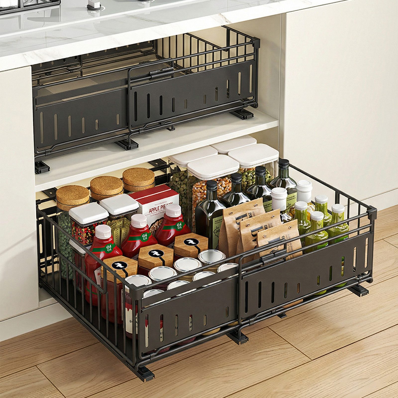 BlingBin Küchenorganizer-Set Teleskopschublade, Ausziehbare Schublade Aufbewahrungsregale Organizer, (1er Set, 2-tlg., 39 x 49,5 x 16,5 cm), für Küchenschränke,Teleskopschublade Ausziehbar Küche Schublade