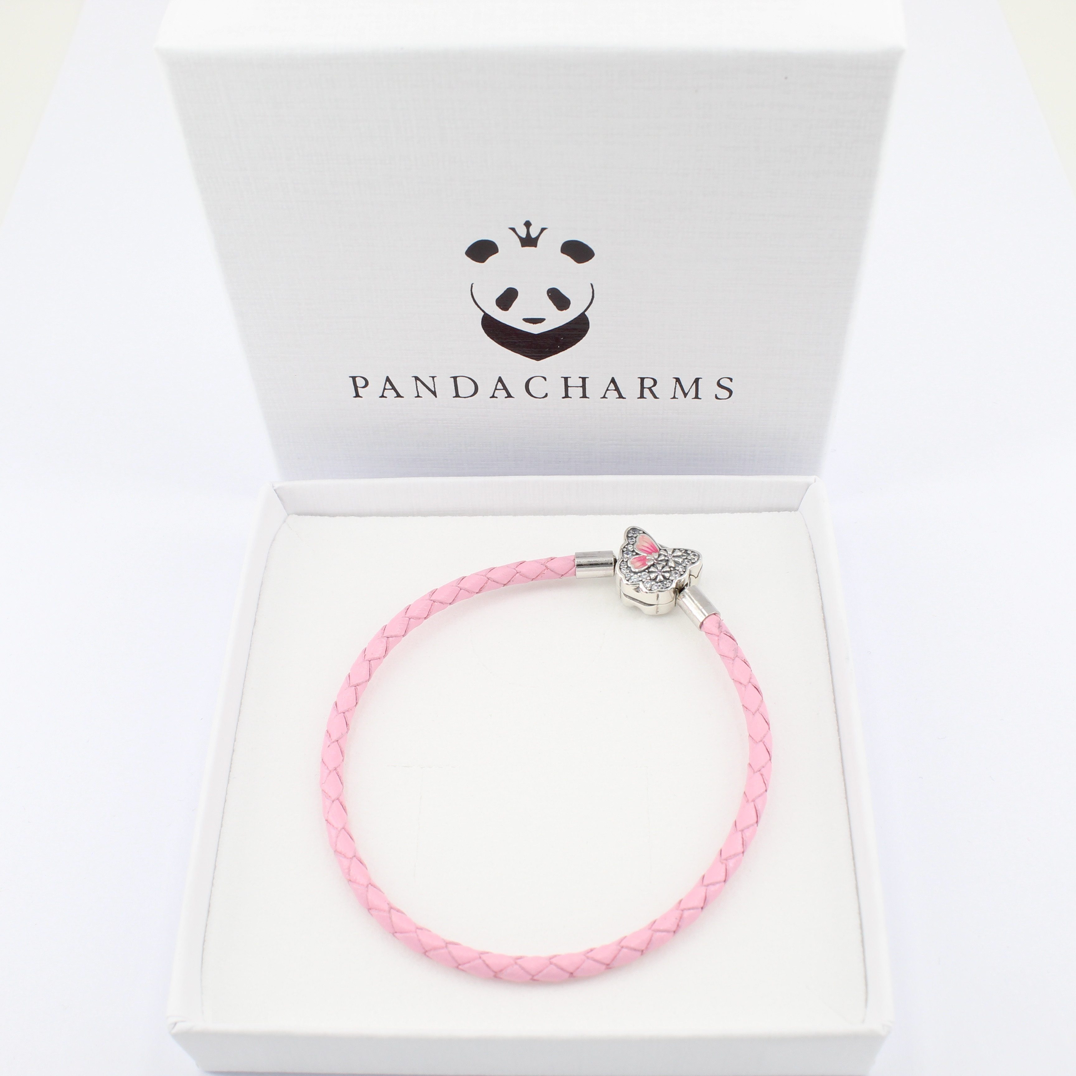 PANDACHARMS Charm-Armband Rosa Leder Charm Armband Schmetterling, 16-21cm, Verschluss aus Silber