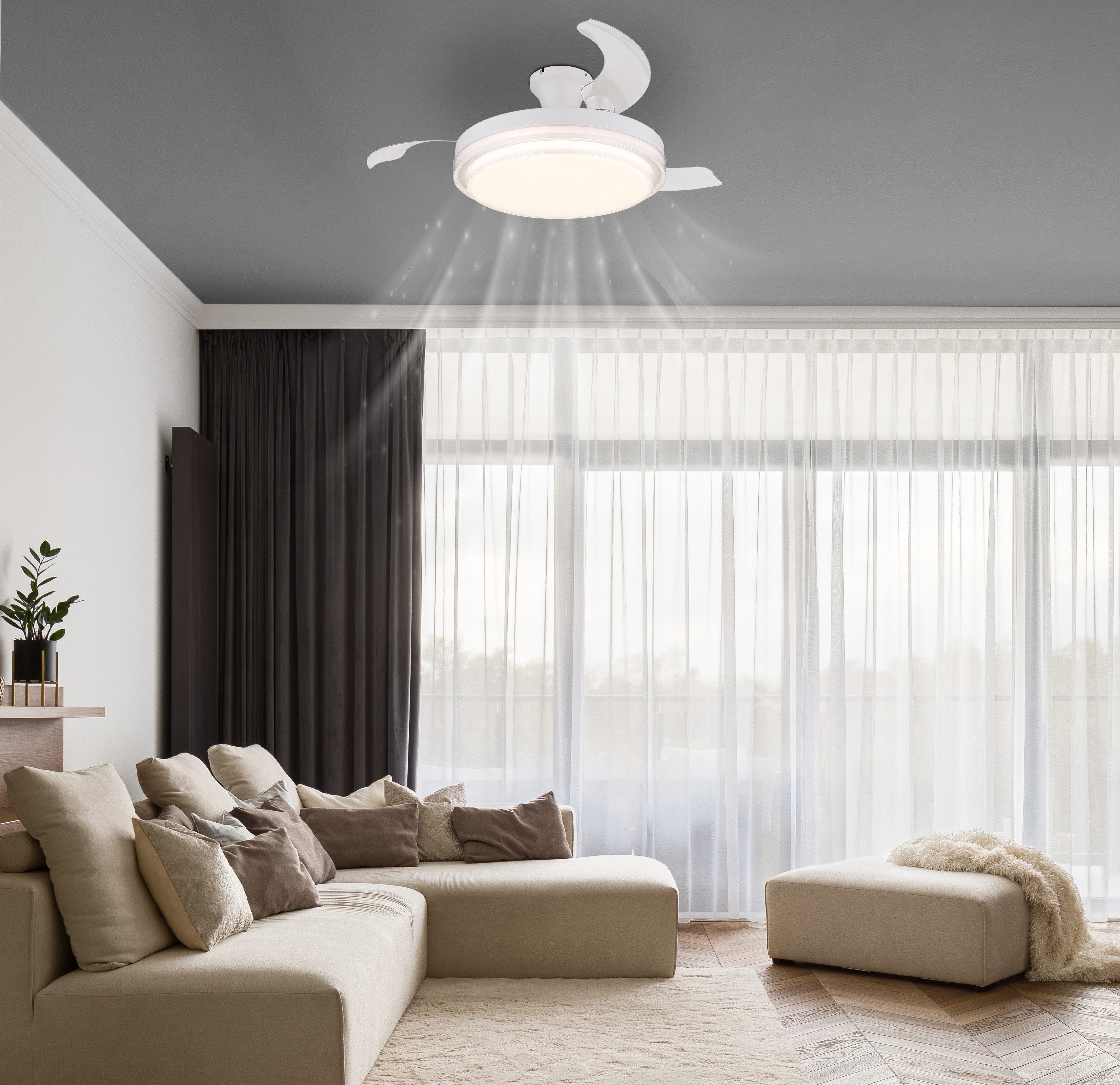 GLOBO LIGHTING Deckenleuchte BELIZ, Dimmfunktion, Fernbedienung, Infrarot inkl., Memoryfunktion, Nachtlichtfunktion, Timerfunktion, Ventilatorfunktion, mehrere Helligkeitsstufen, LED fest integriert, Ventilator / Schlafzimmer / Wohnbereich / Büro / weiß / 3 Flügel