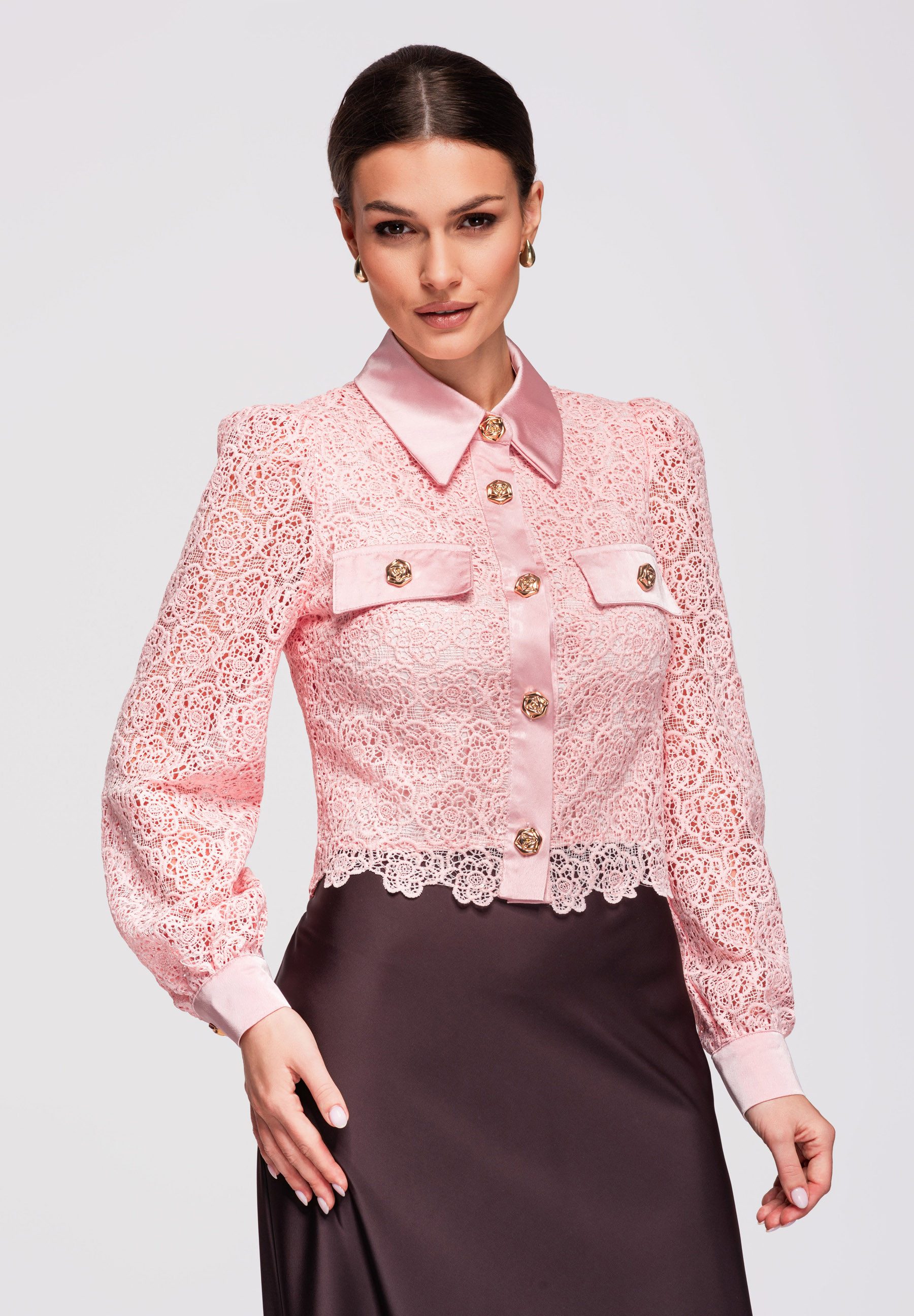 OMBRE Hemdbluse Damen Spitzenbluse Kurz Elegant Slim-Fit rose L (1-tlg) Ajourmuster, dekorative Kante