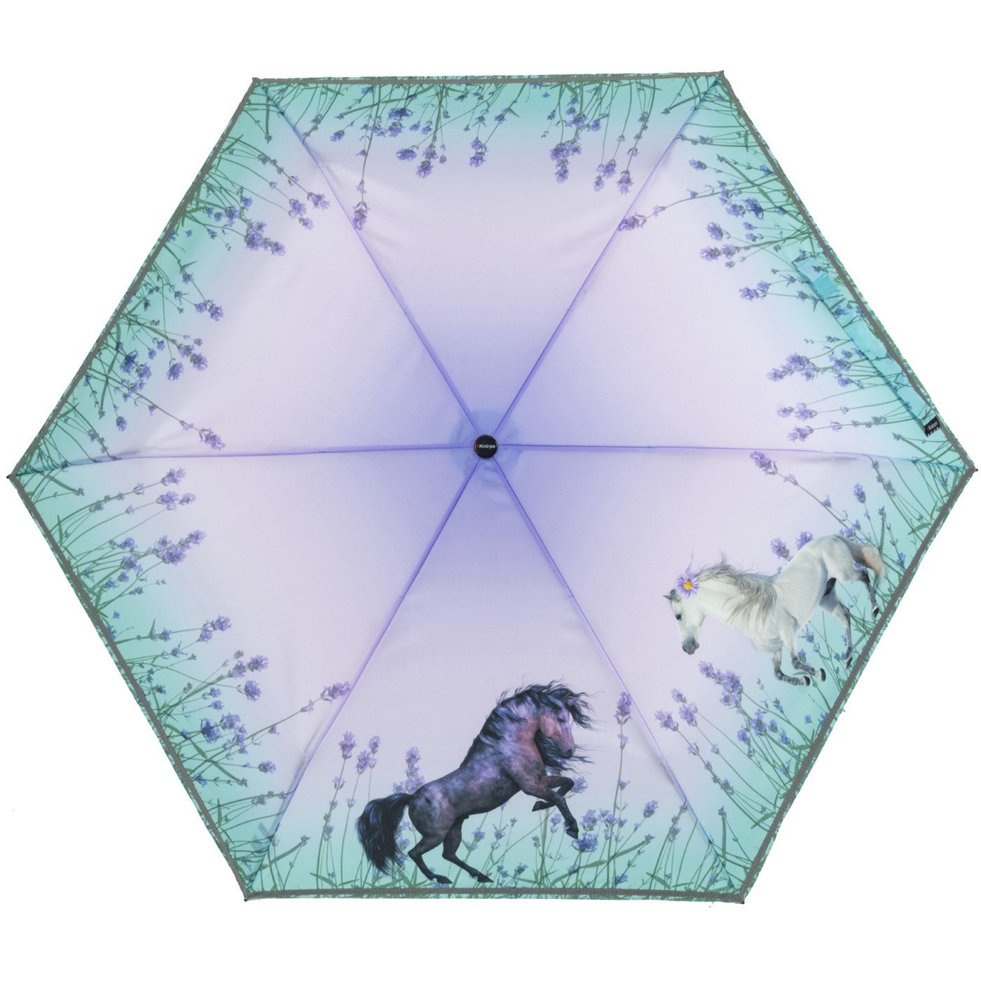 Taschenregenschirm Horses mit Wild Knirps® Kinderschirm 4Kids dem Schulweg, Pferde, reflective auf Reflexborte, Sicherheit