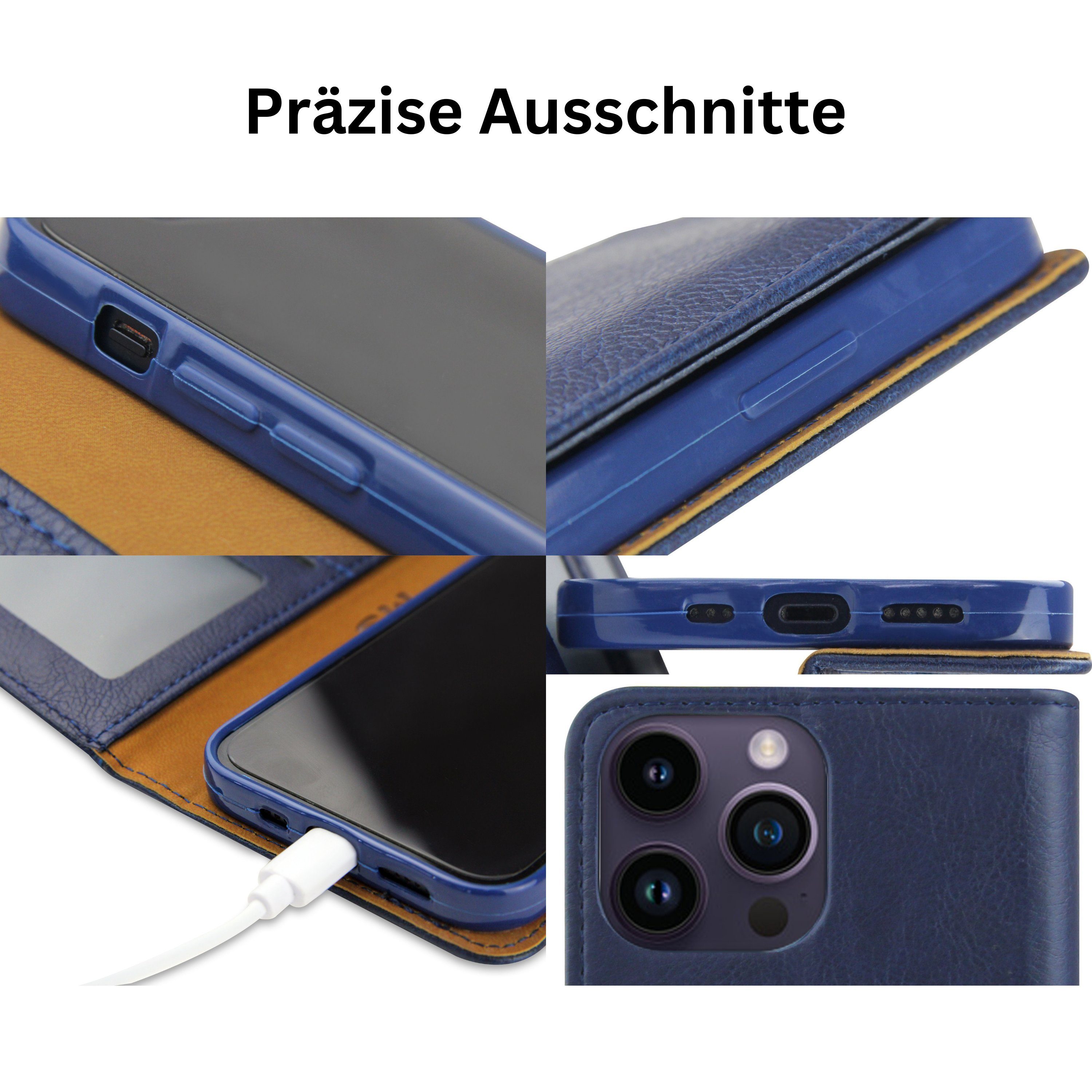 Frentree Handyhülle aus echtem Leder für iPhone 12, 13, 14, Magnetverschluss mit 4 Kartenfächern & 2 Sichtfenstern, Handy-Ständer