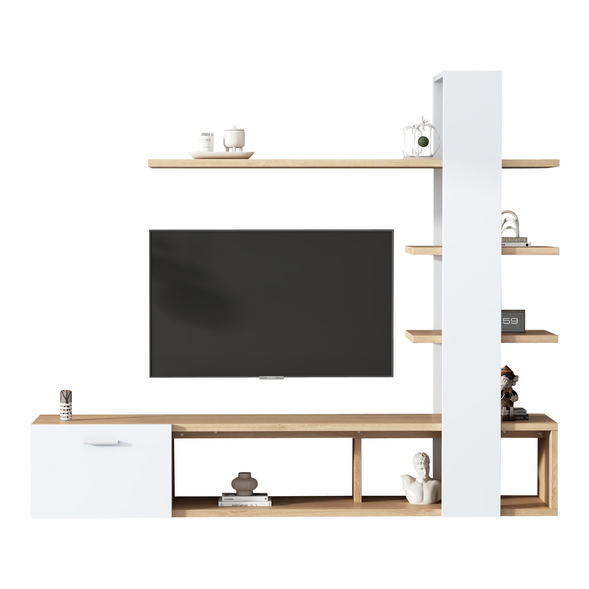 Merax Wohnwand mit TV Schrank, Lowboard und Wandregalen, (1-St), Wohnzimmer Möbel Set in Eiche Weiß Optik, 180x33,5x151,5 cm