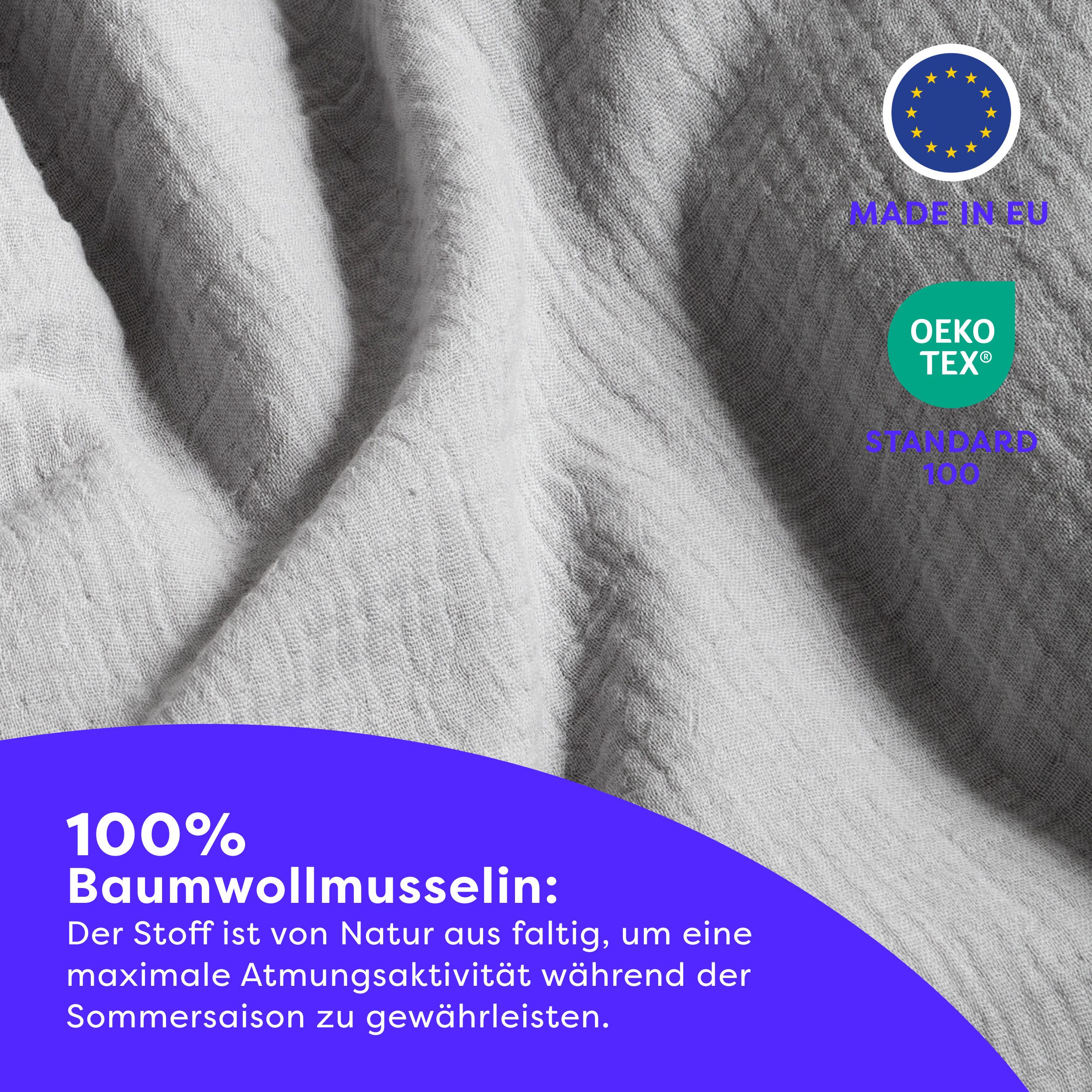 Wolkenfeld Bettwäsche Wolkenfeld Premium Musselin mit Reißverschluss, Musselin, 2 teilig, aus 100% Baumwolle – Atmungsaktiv & Weich – inkl. Kissenbezug 80x80