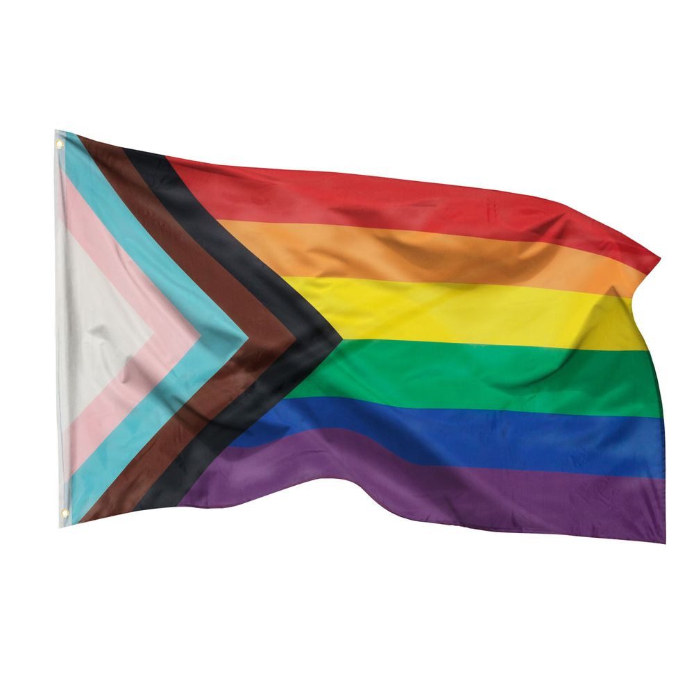 PHENO FLAGS Flagge Progress Flagge Pride Regenbogen Fahne Lgbtq Progressfahne (Hissflagge für Fahnenmast), Inkl. 2 Messing Ösen