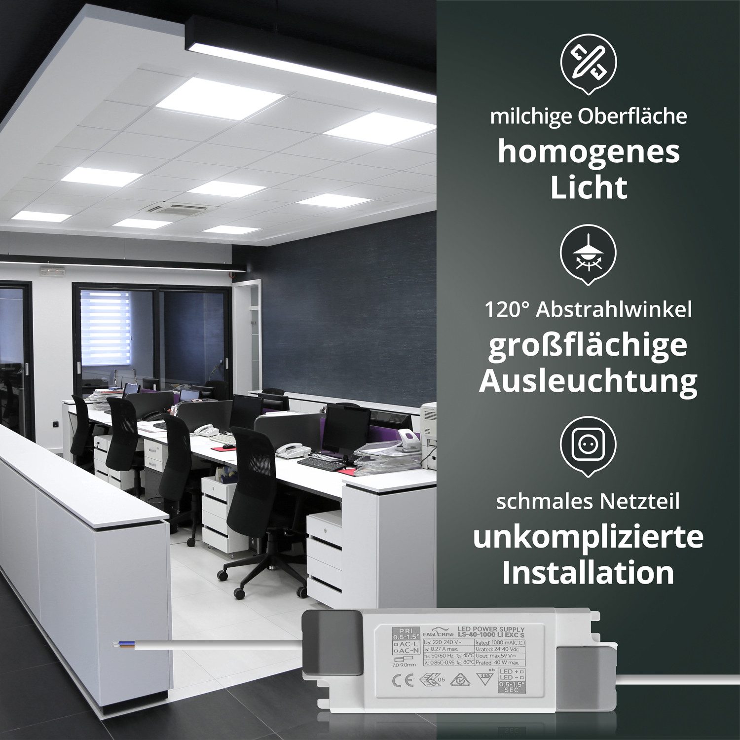 LED Universum LED Panel neutralweiß 40W 4000K 4000lm UGR≤22 CRI>80 L620xB620xH35mm, neutralweiß