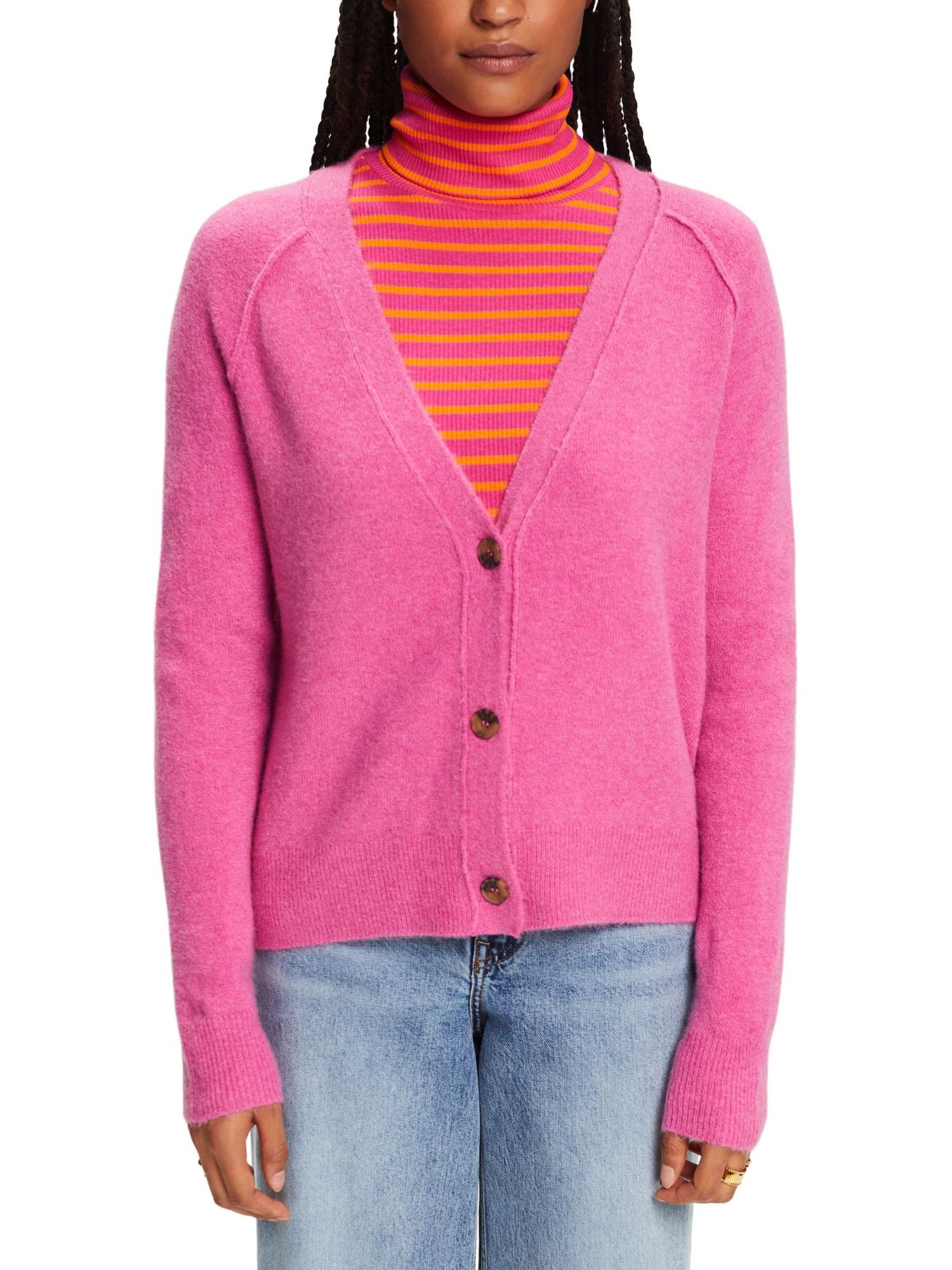 Esprit Strickjacke Geknöpfter (1-tlg) PINK Cardigan FUCHSIA