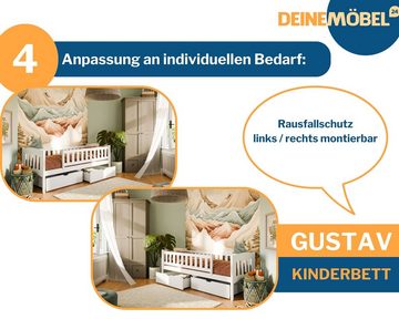 Deine Möbel 24 Kinderbett Einzelbett GUSTAV 90x200 cm in Weiß / Grau aus Massivholz (mit Schubladen, Lattenrost und Rausfallschutz), mit abnehmbarem Rausfallschutz, aus Massivholz / Vollholz