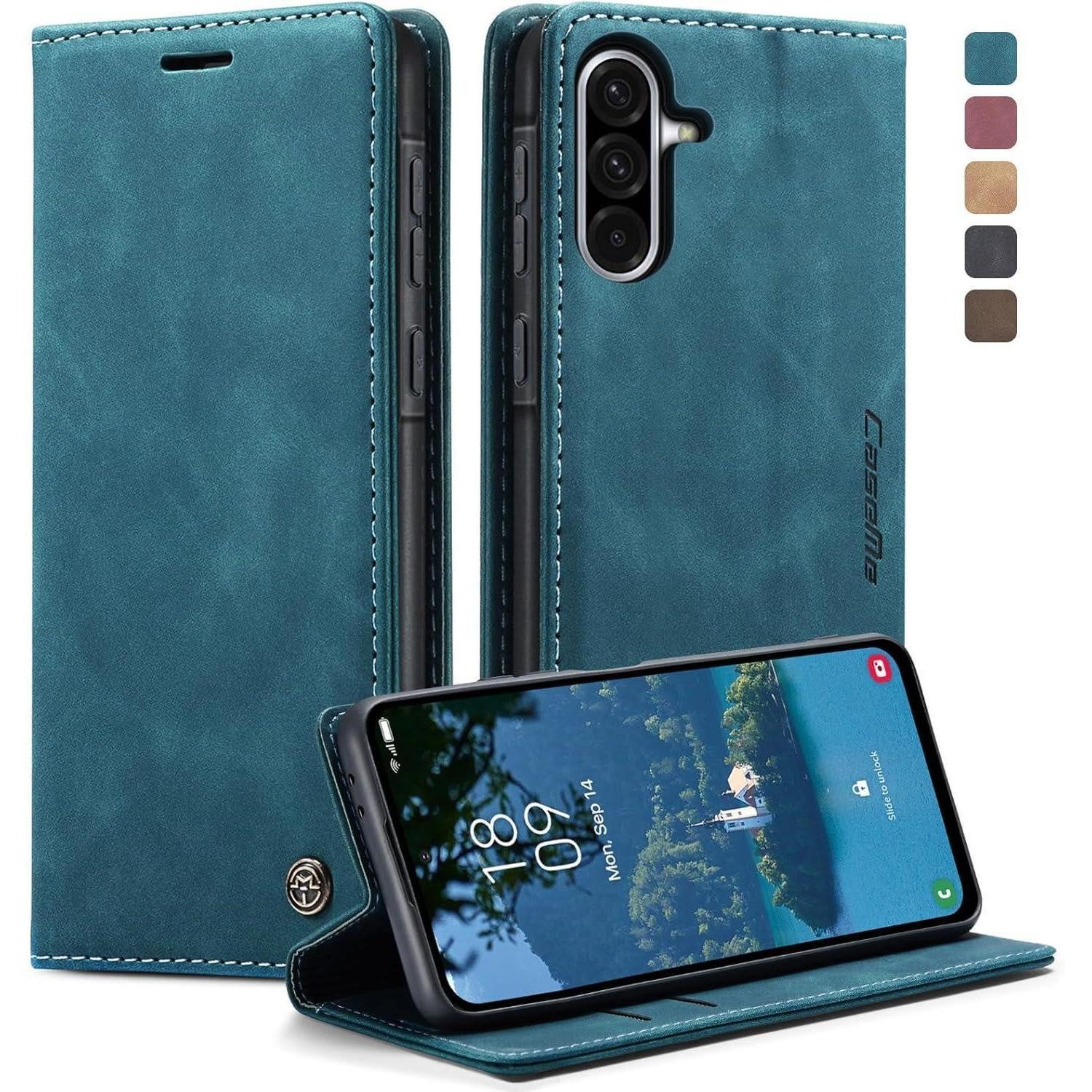 LuxusKollektion Flip Case Handyhülle A56 5G Leder Klapphülle Kartenfach Standfunktion Blaugrün