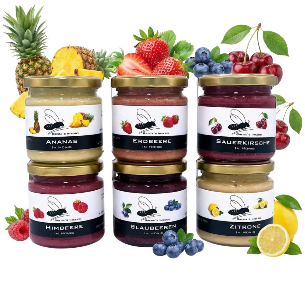 Grega´s Imkerei Honig Das 6er Frucht im Honig Set – Honigsüßer Brotaufstrich, 6 x 250 g, (ideal als Probier- & Geschenkset), cremige Sorten: Erdbeere, Blaubeere, Ananas Himbeere Zitrone & Kirsche
