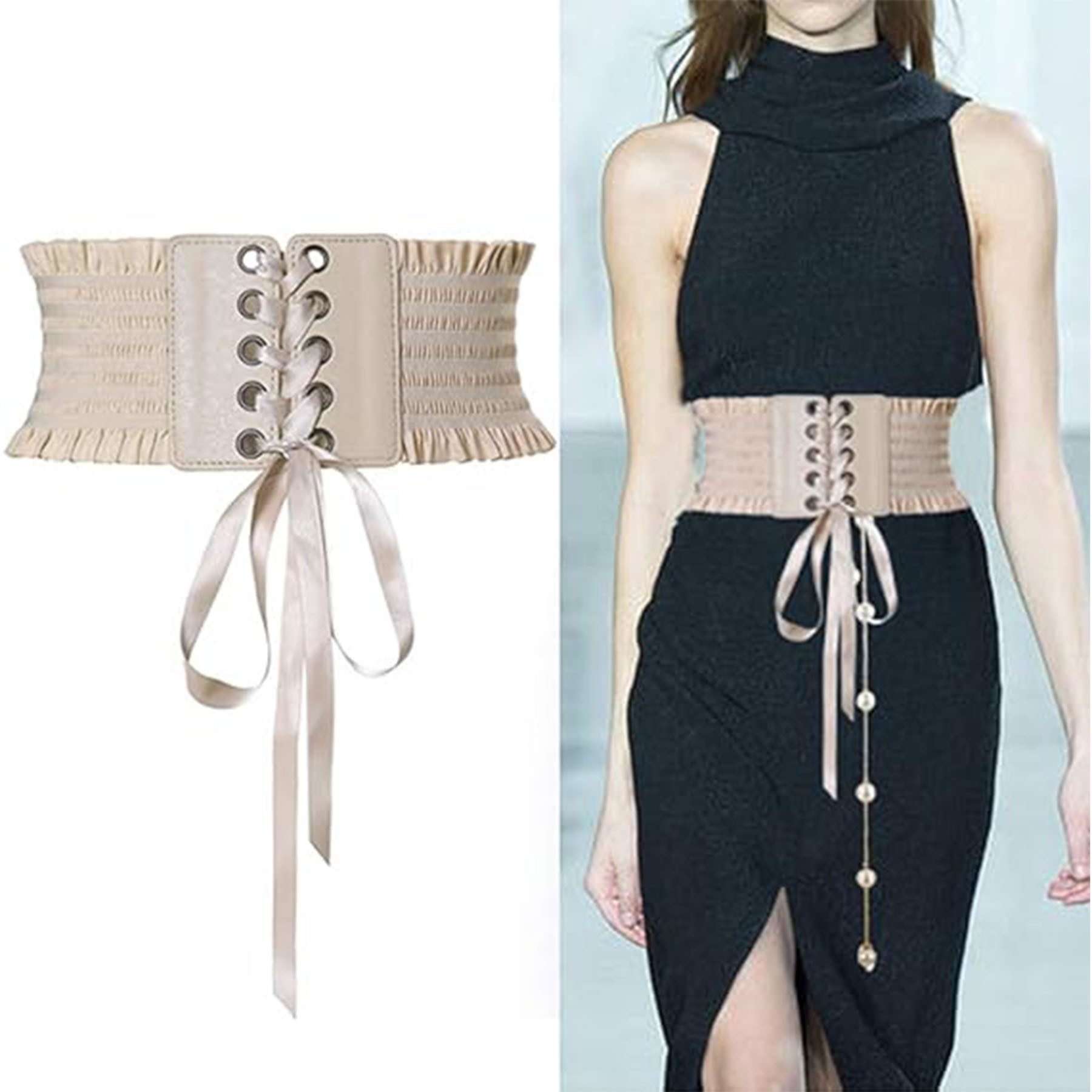 Mutig Taillengürtel 2-teiliger Satz Breite dehnbare Gürtel für Damen,Vintage Taillengürtel (Tied Schnürung Gürtel mit Schnalle,Modischer & vielseitiger Dekogürtel, passend zu Kleidern, Hemden, Blazern, Trenchcoats, festlichen Outfits) 2 pc Vintage elastischer Taillengürtel für Weihnachts,Halloween Partys