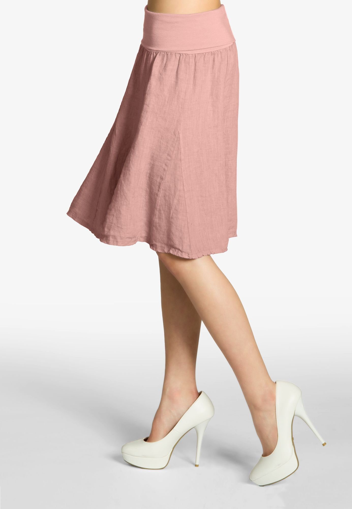 Caspar Faltenrock RO014 Damen Midi Leinenrock knielang mit figurfreundlichem Stretch Bund - Made in Italy