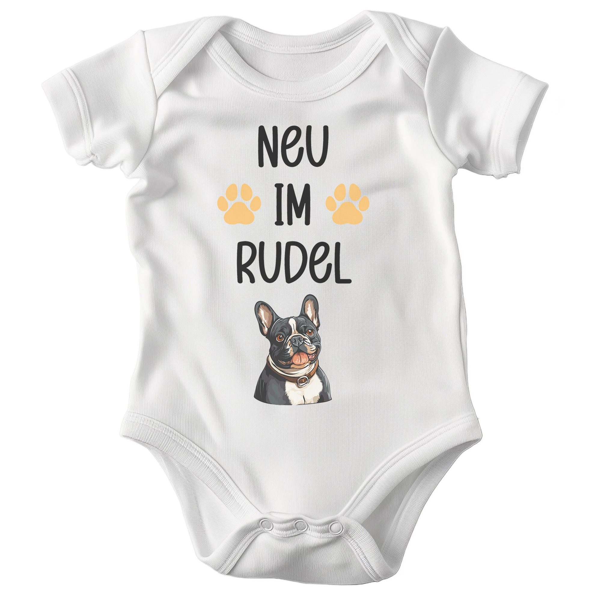 22Feels Kurzarmbody Bio Unisex Babybody Weiß Frenchie Neu im Rudel Geschenk Taufe BIO-Baumwolle - In Deutschland Bedruckt - Niedlicher Print