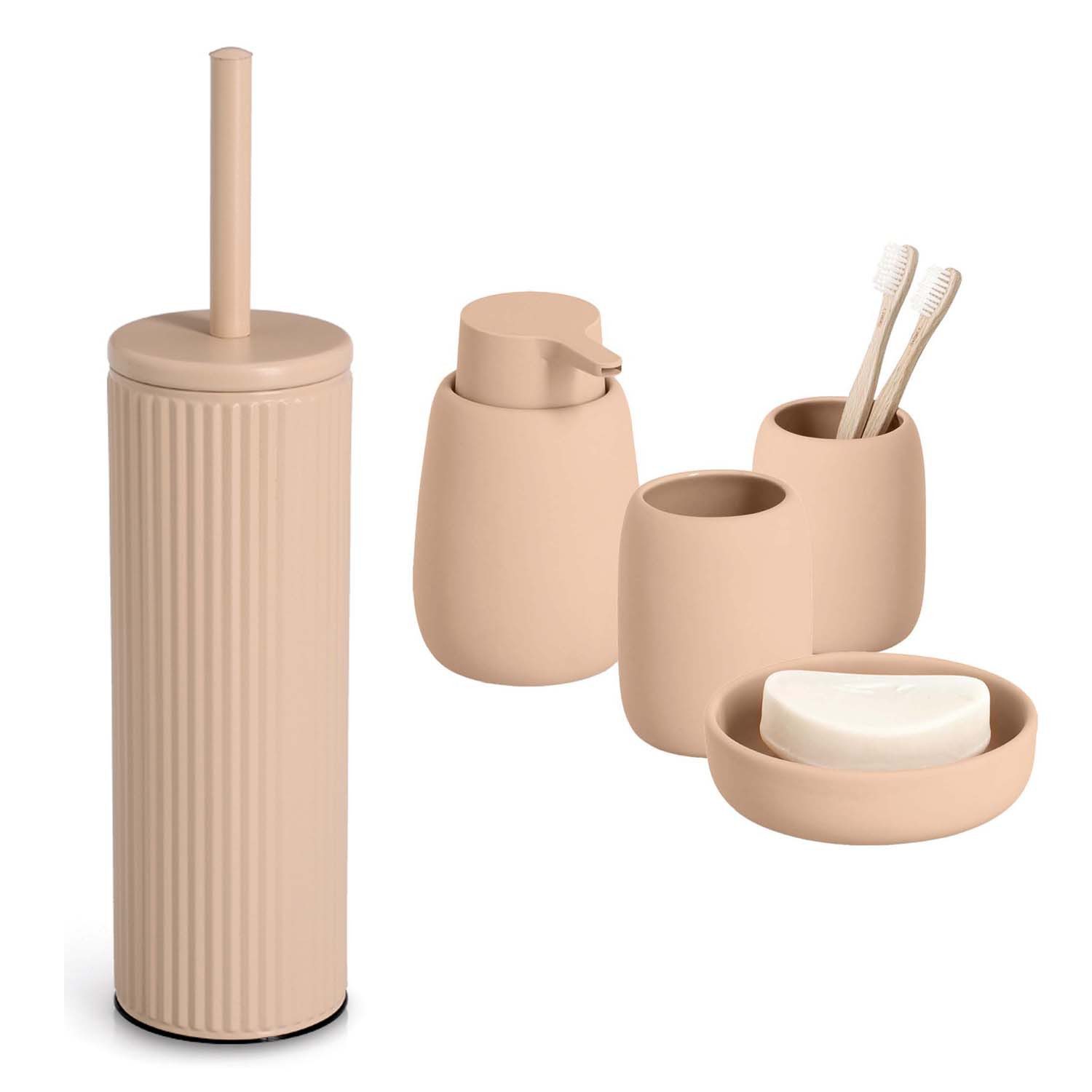 Zeller Present Badaccessoire-Set 5-teiliges Badaccessoire-Set - Keramik, Mandel, Set, 5 tlg., 5-tlg., stilvolle Riffelstruktur