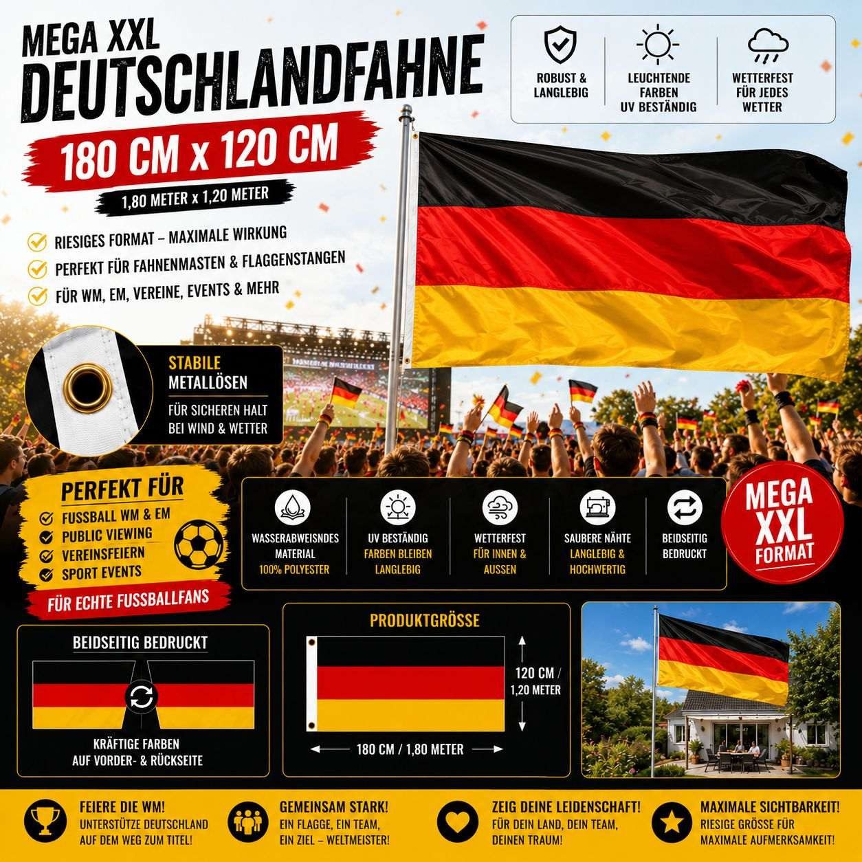 Taffstyle Fahne  XL Deutschland Fahne 180cm x 120cm Flagge mit Ösen Hissflagge (Große Deutschland Flagge mit Metallösen für Fußball Fans und Events Public Viewing), doppelt genähnt