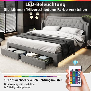 OKWISH Polsterbett Schubladenbett, LED Beleuchtung Doppelbett 2 Schubladen 180x200cm Leinen