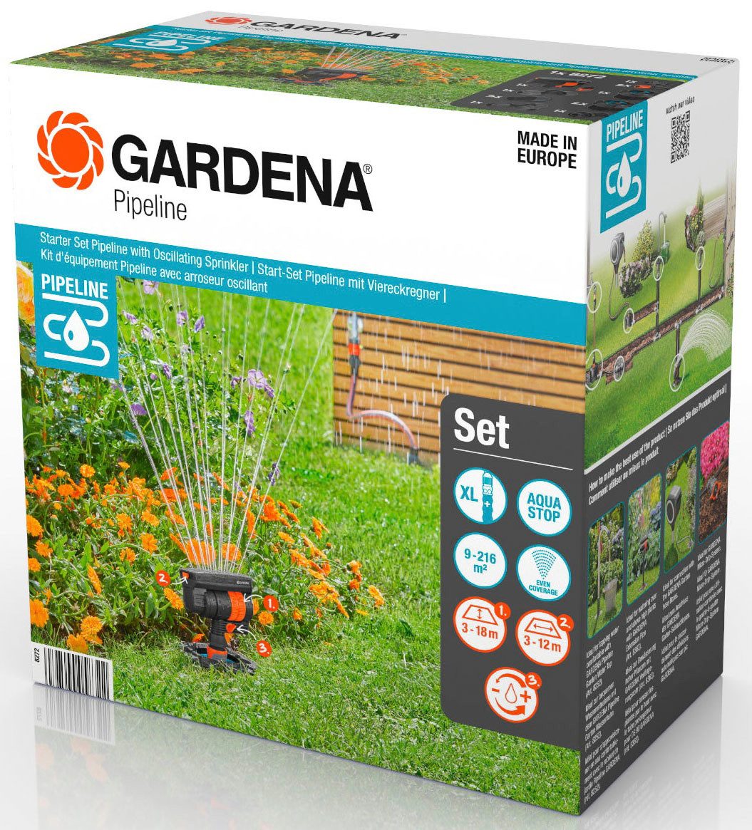 GARDENA Bewässerungssystem Start-Set Pipeline, (mit 2 Wassersteckdosen, inkl. Viereckregner), Sofort einbaubereit: Das unterirdische Wassernetz für den Garten