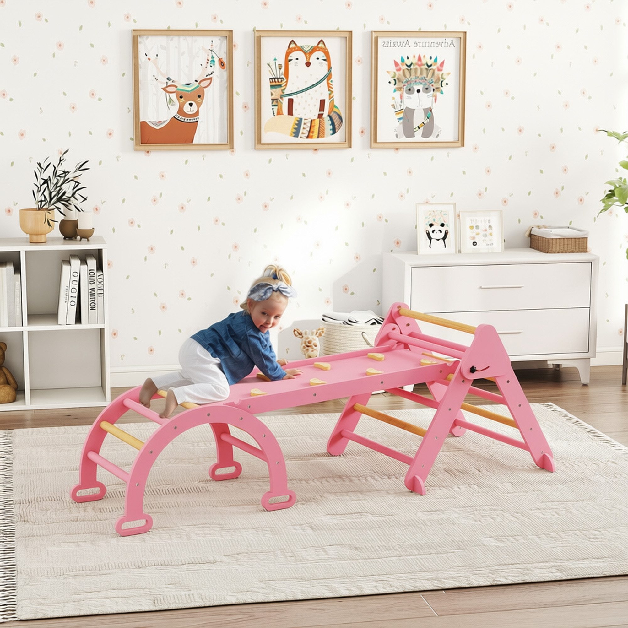 AIYAPLAY Klettergerüst 7-in-1 Montessori Indoor, faltbar Holz mit Rutsche, Bogen, (5 in 1 klappbar Kletterdreieck, 3-St., Spielplatz Indoor), für Kinder 18-48 Monate, Rosa