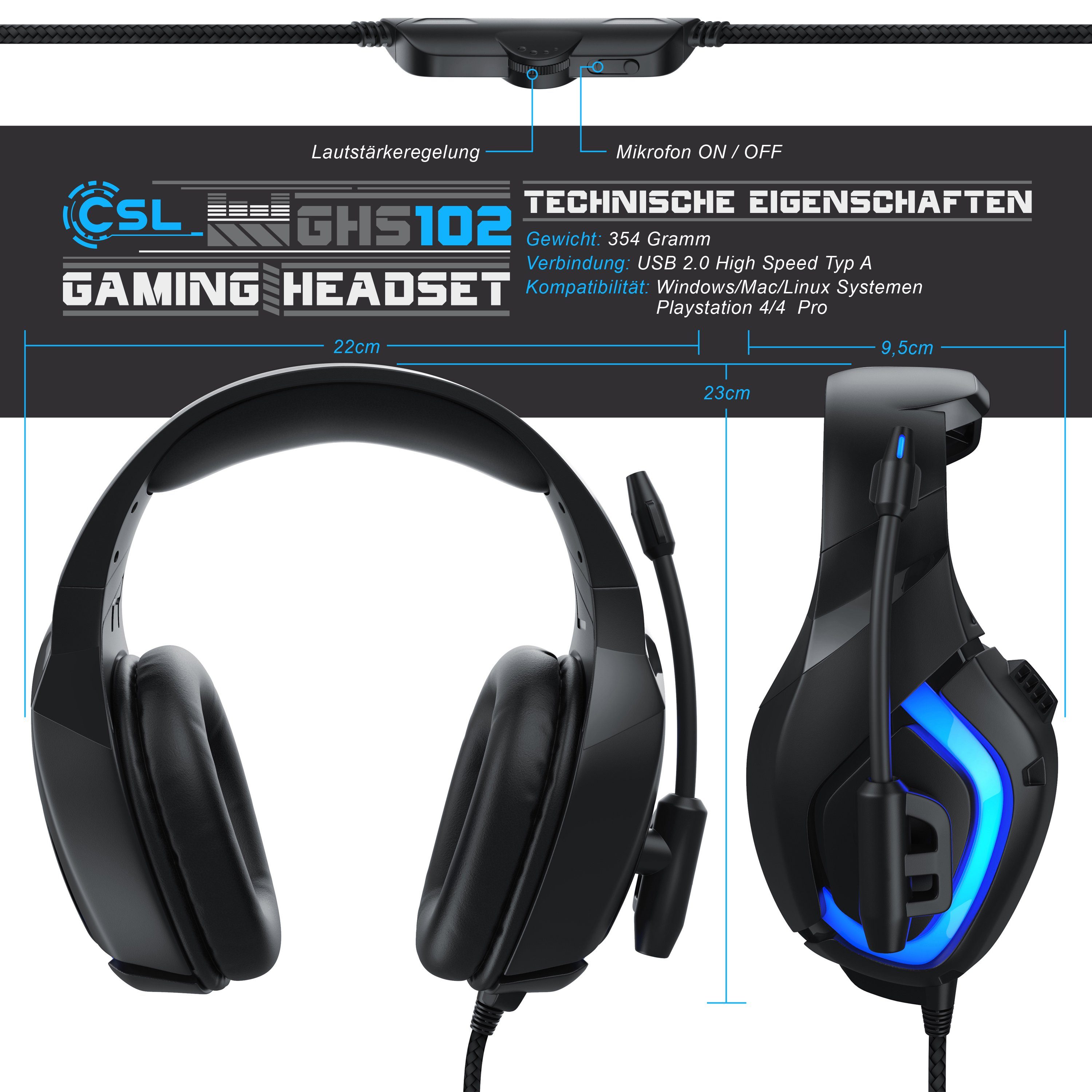 CSL USB "GHS-103" mit Mikrofon, Kopfhörer für PC, PS4 / 4 Pro Gaming-Headset (Gaming Headset kabelgebunden, Over-Ear Kopfhörer, LED-Beleuchtung)