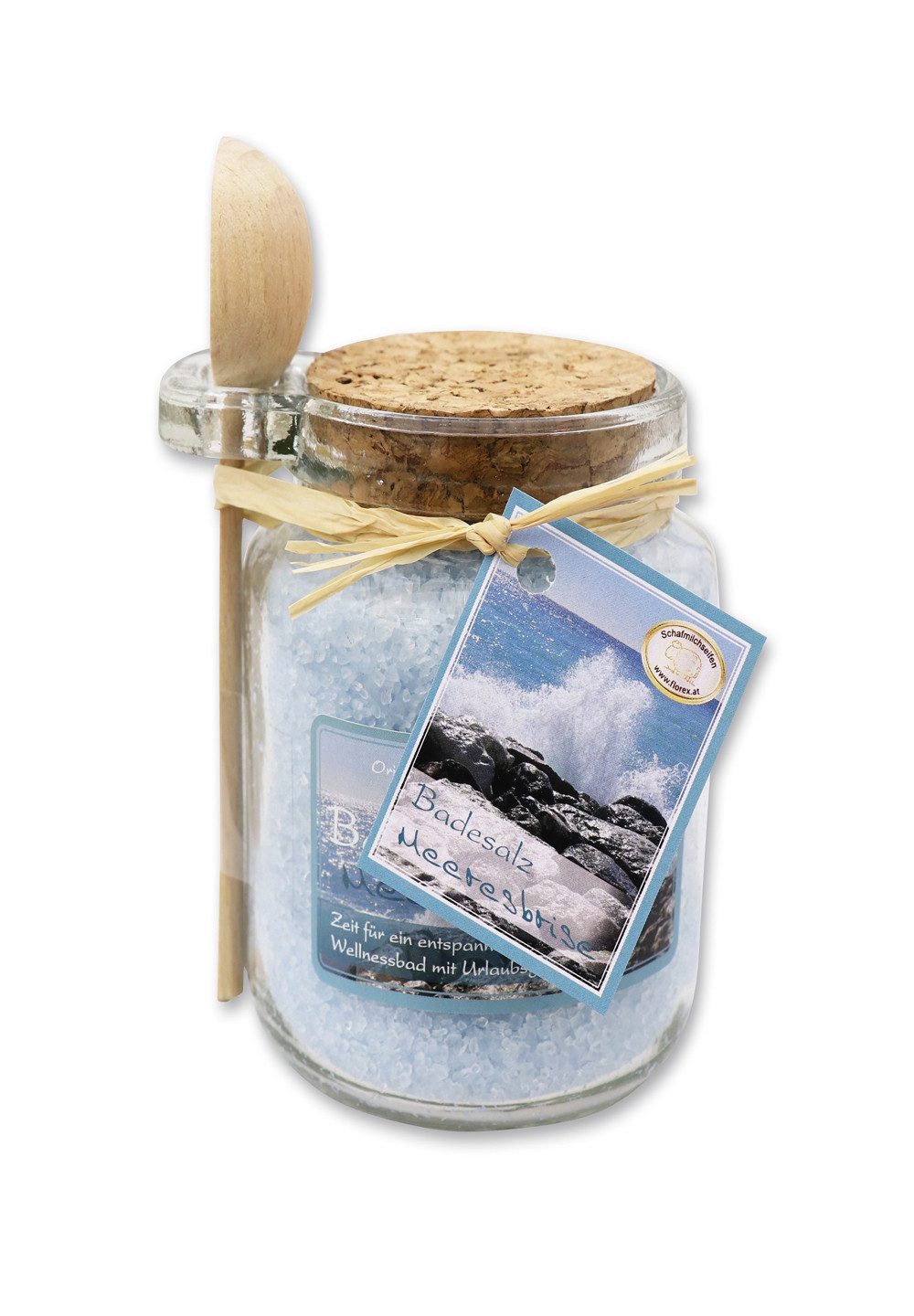 Gerlinde Hofer _ Florex GmbH Badezusatz B1420 Meeresbrise, Badesalz mit Bio Schafmilch im Glas mit Holzlöffel 300 g