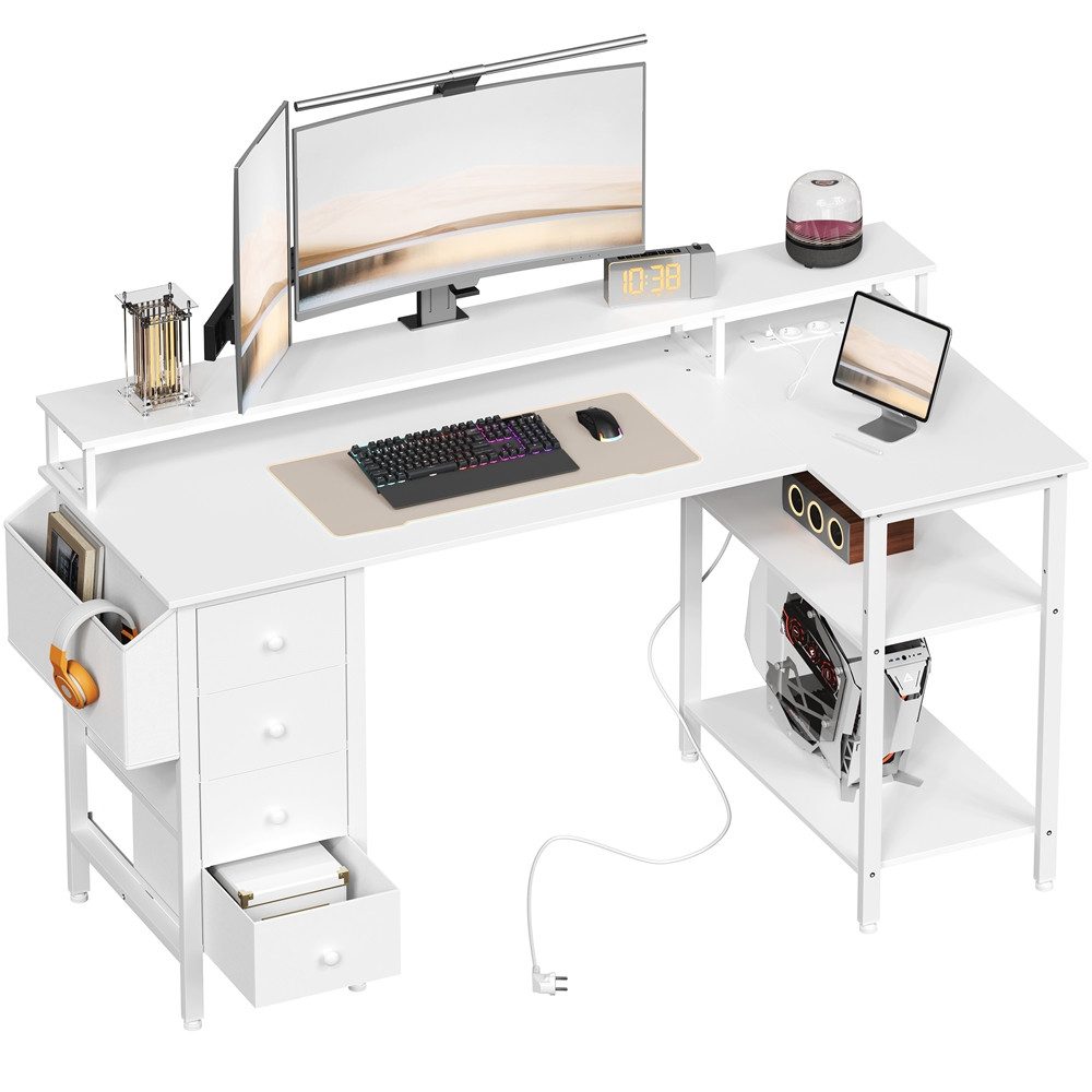 Yaheetech Computertisch L-förmiger Schreibtisch 120/140cm (B), mit Monitorhalterung & Steckdose & 4 Schubladen & Aufbewahrungstasche