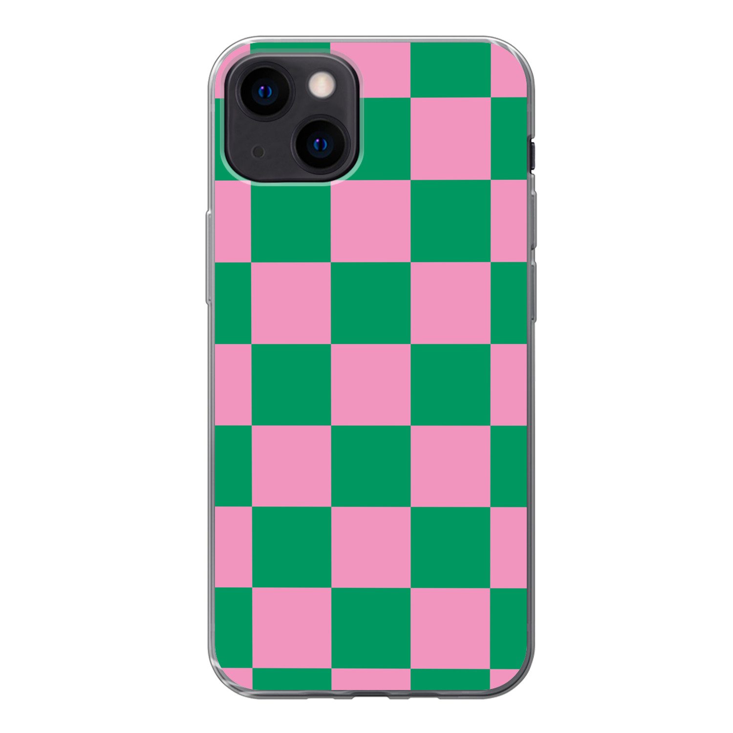 MuchoWow Handyhülle für Apple iPhone 13 Schachbrettmuster - Grün - Rosa - Würfel, Smartphone-Bumper, Print, Handy Schutzhülle Dünn