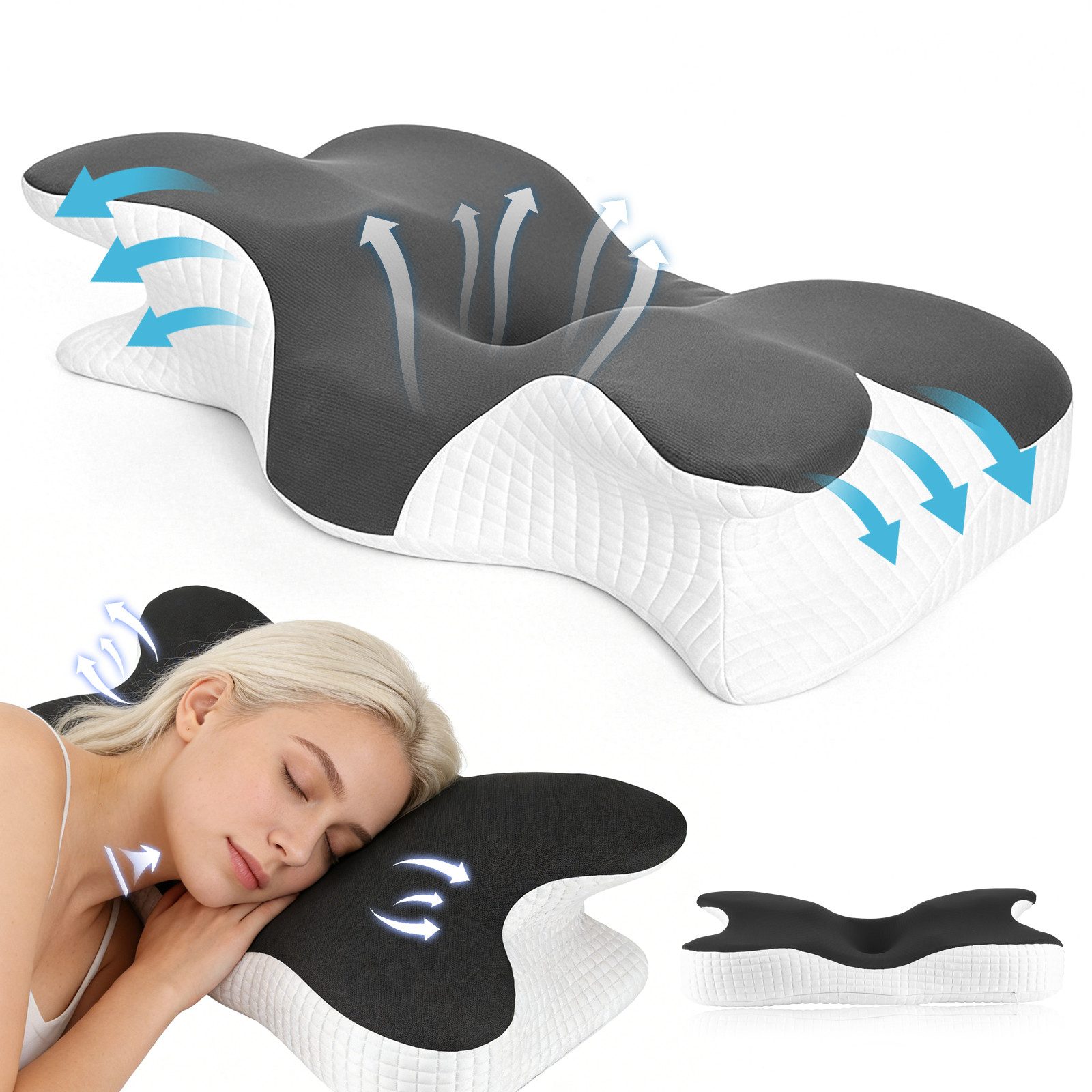 BlingBin Nackenstützkissen Ergonomisches Nackenkissen Memory Schaum Orthopädisches Kopfkissen, Füllung: Memory-Schaumstoff, Bezug: Polyester, Seitenschläfer, Rückenschläfer, Bauchschläfer, 1er Set, Maße: 33 x 60 cm, Therapiekissen für Rücken-, Seiten- und