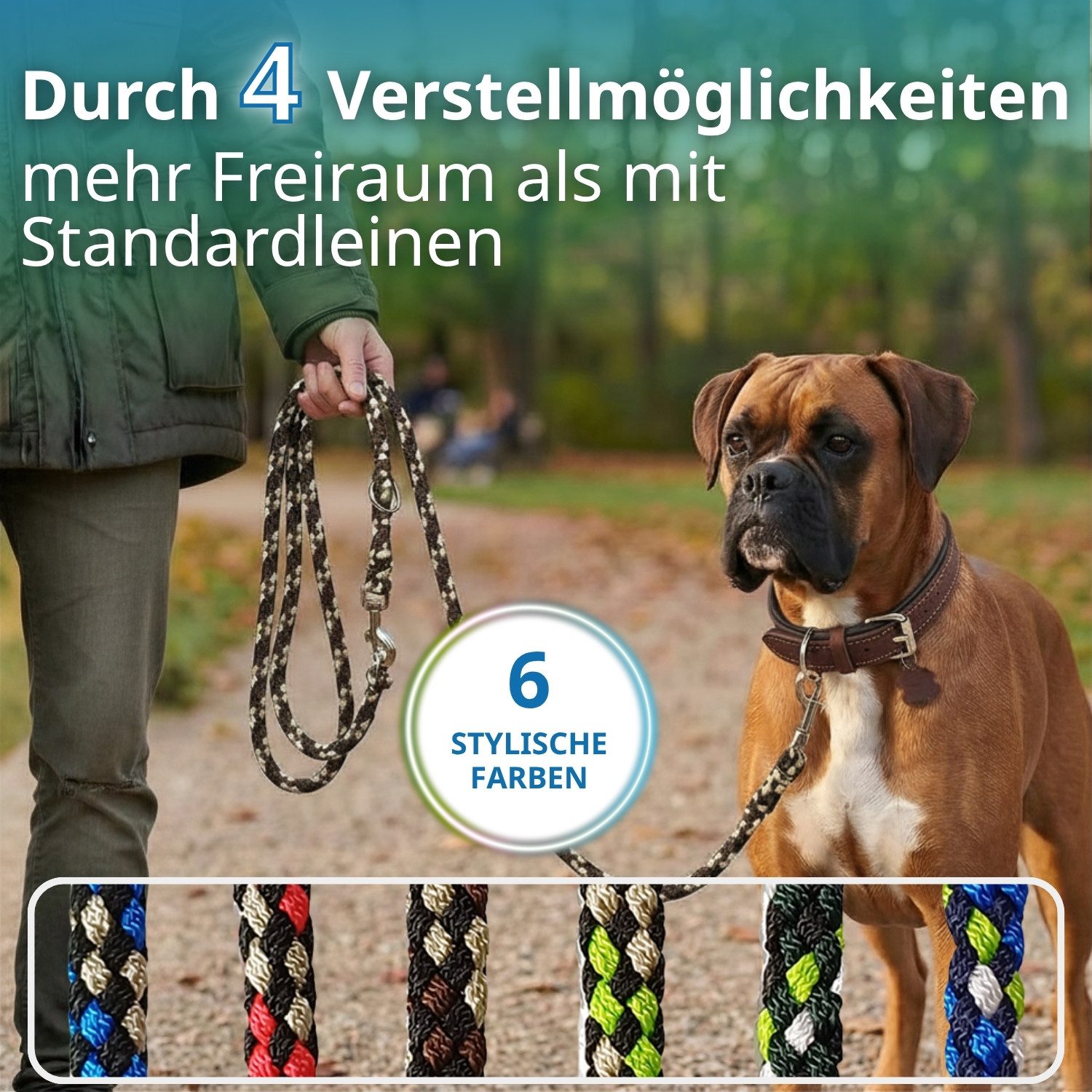 Activity4Dogs Hundeleine große Hunde bis 60 kg, mehrfarbig geflochten, 4-fach verstellbar, 3 m, auch als Doppelleine für 2 Hunde, Premium Qualität aus Deutschla – Bild 4 von 5