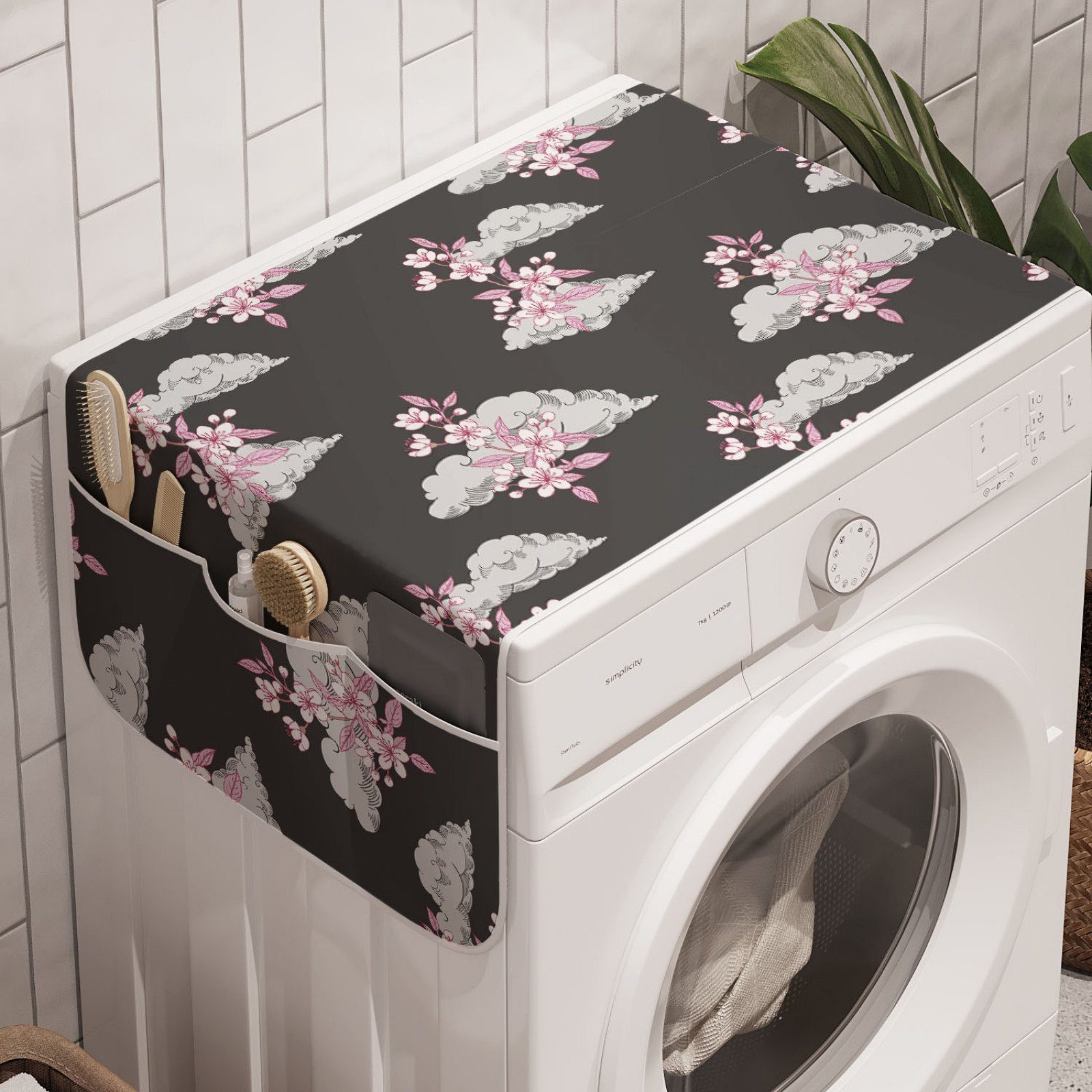 Abakuhaus Badorganizer Anti-Rutsch-Stoffabdeckung für Waschmaschine und Trockner, Blumen Sakura-Blüten auf Wolken