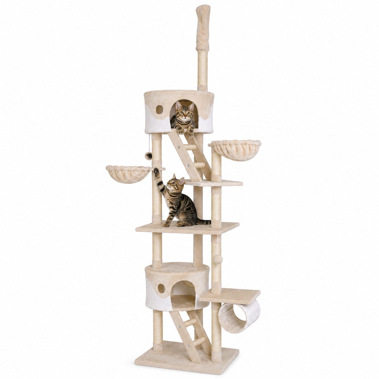 lionto Kratzbaum mit Deckenspanner, 230-250 cm, Aktivitätsturm, mit 2 Höhlen, 2 Liegemulden, Treppen & Spielbällen