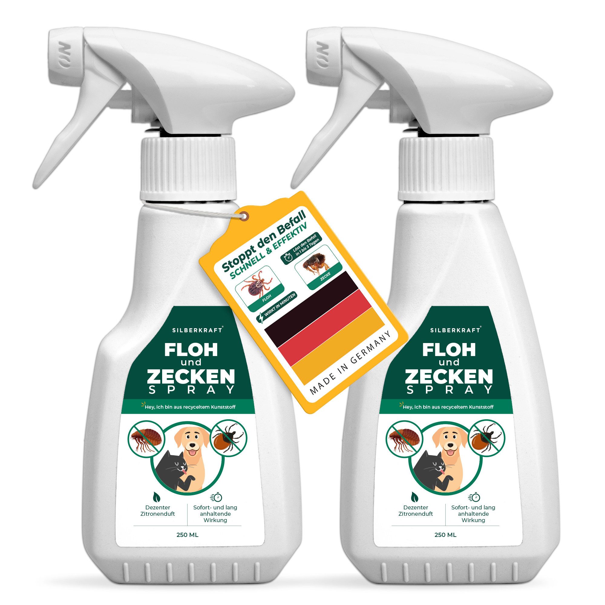Silberkraft Insektenspray Floh- und Zeckenspray für Hund, Katze & andere Haustiere, 500 ml, 2-St., ideales Anti-Zecken Mittel, gegen Flöhe, Zecken, Parasiten, Ungeziefer