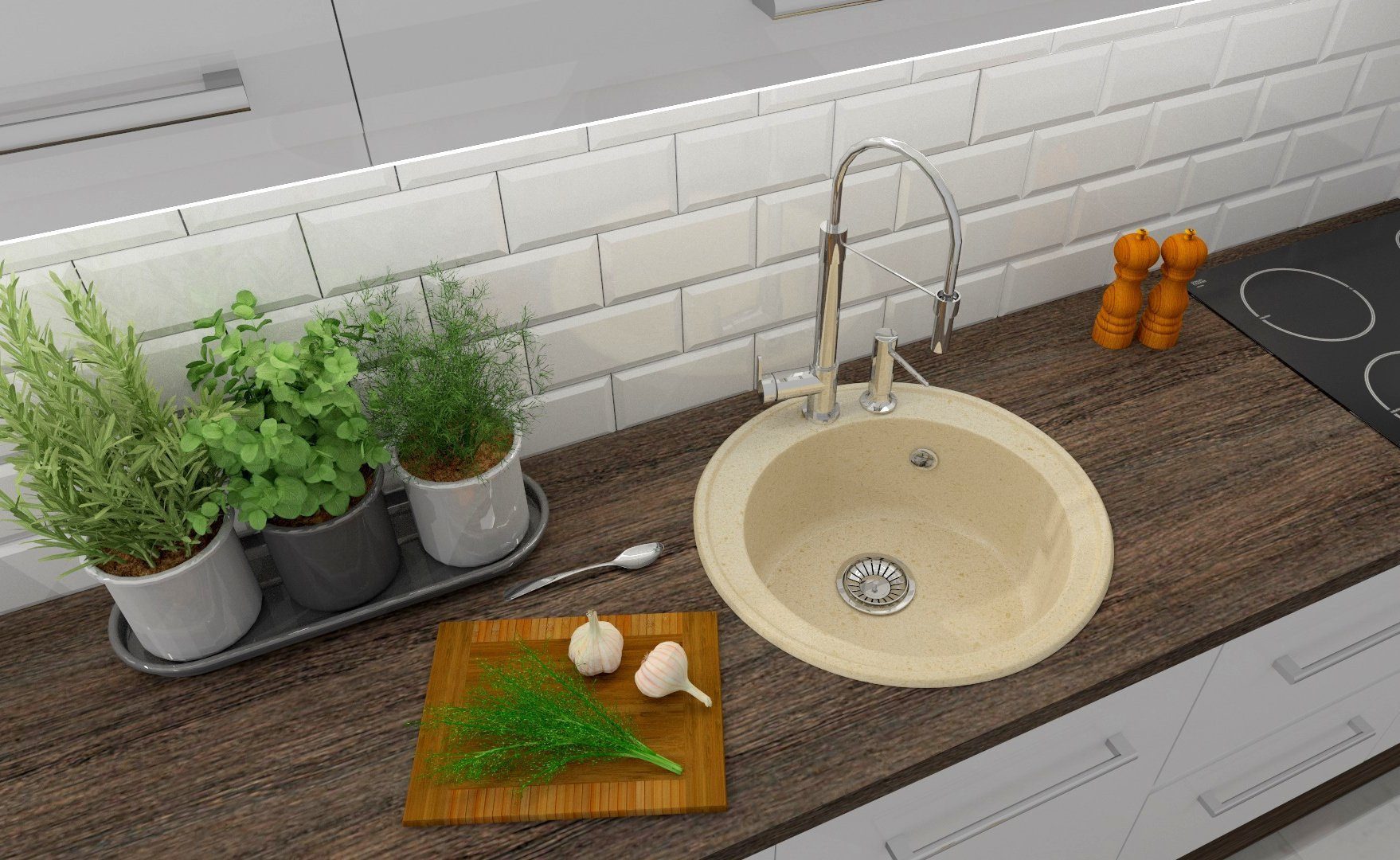 Faizee Möbel Granitspüle Granitspüle Küchenspüle mit Siphon und ausziehbar Armatur Beige, Rund