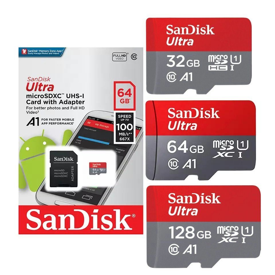TradeNation Speicherkarte SanDisk ULTRA micro SD Karte 32GB 64GB 128GB U1 Class 10 Speicherkarte (128 GB, Class 10, 100,00 MB/s Lesegeschwindigkeit, SD-Adapter)