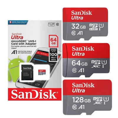 TradeNation Speicherkarte SanDisk ULTRA micro SD Karte 32GB 64GB 128GB U1 Class 10 Speicherkarte (32 GB, Class 10, 100,00 MB/s Lesegeschwindigkeit, SD-Adapter)