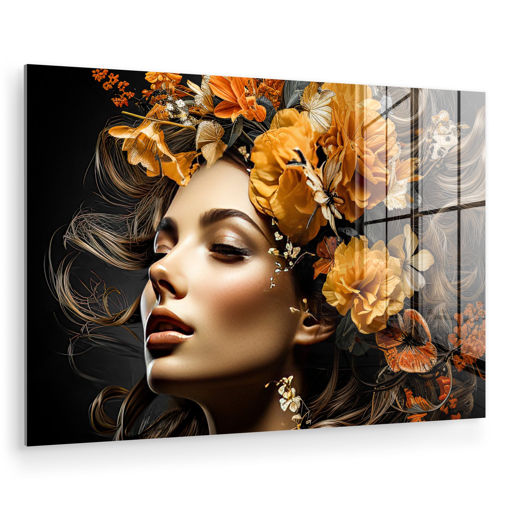 MuchoWow Acrylglasbild Frau - Porträt - Blumen - Farbenfroh, Inkl. Aufhängu günstig online kaufen