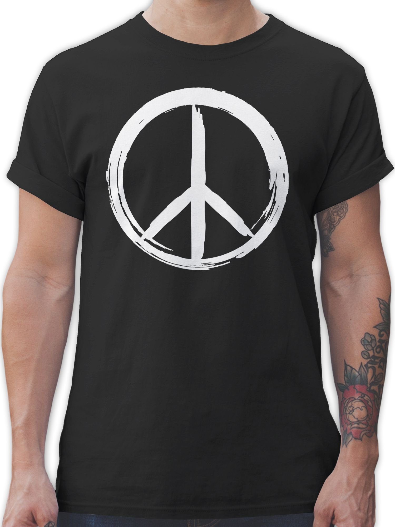 Shirtracer T-Shirt Peace Zeichen Pinsel Optik - weiß Sprüche Statement 01 Schwarz