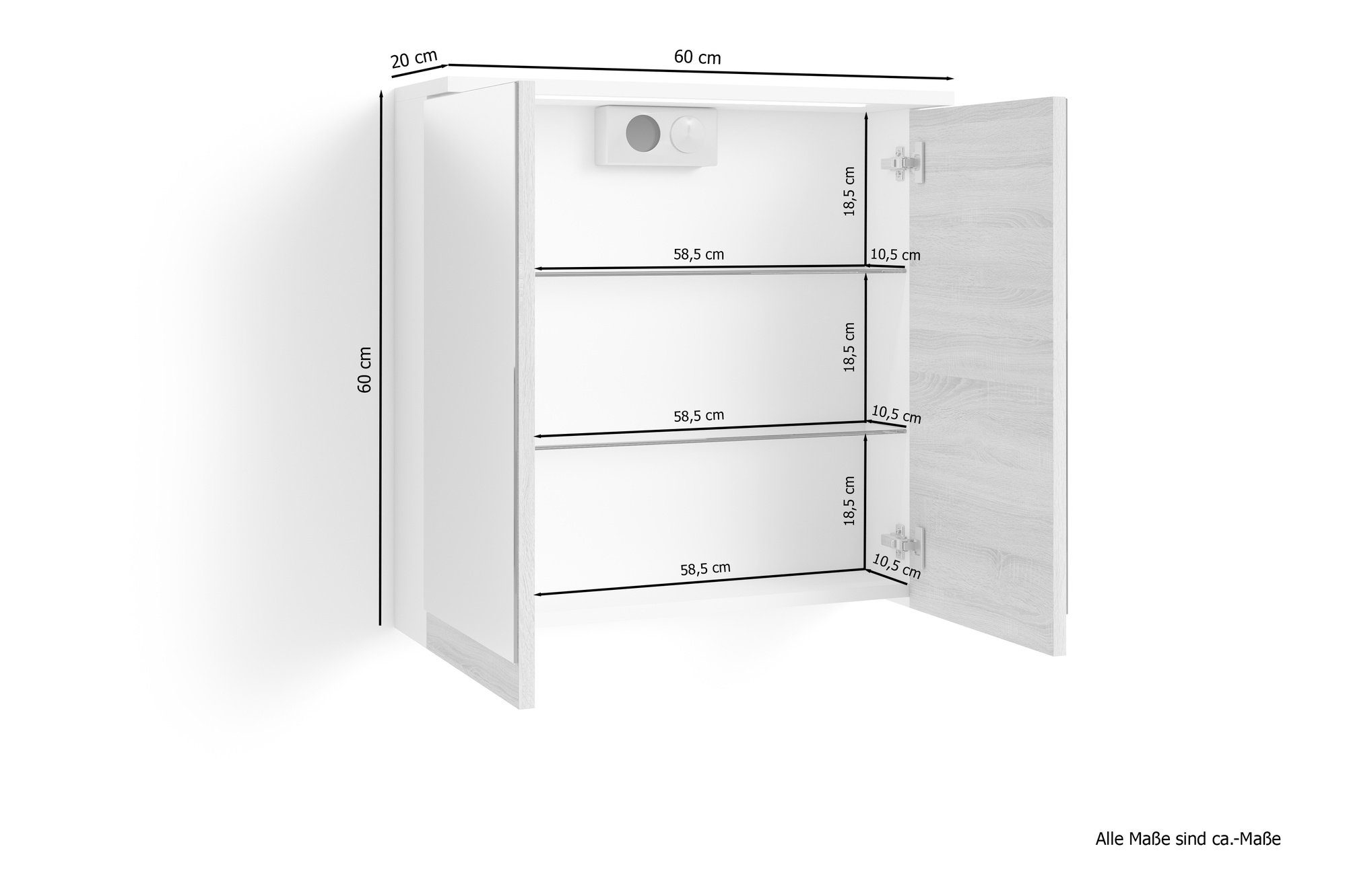 und Absetzungen möbelando mit weiß 2 60x60x20 cm) Türen (BxHxT: in in MARINO Sonoma Spiegelschrank