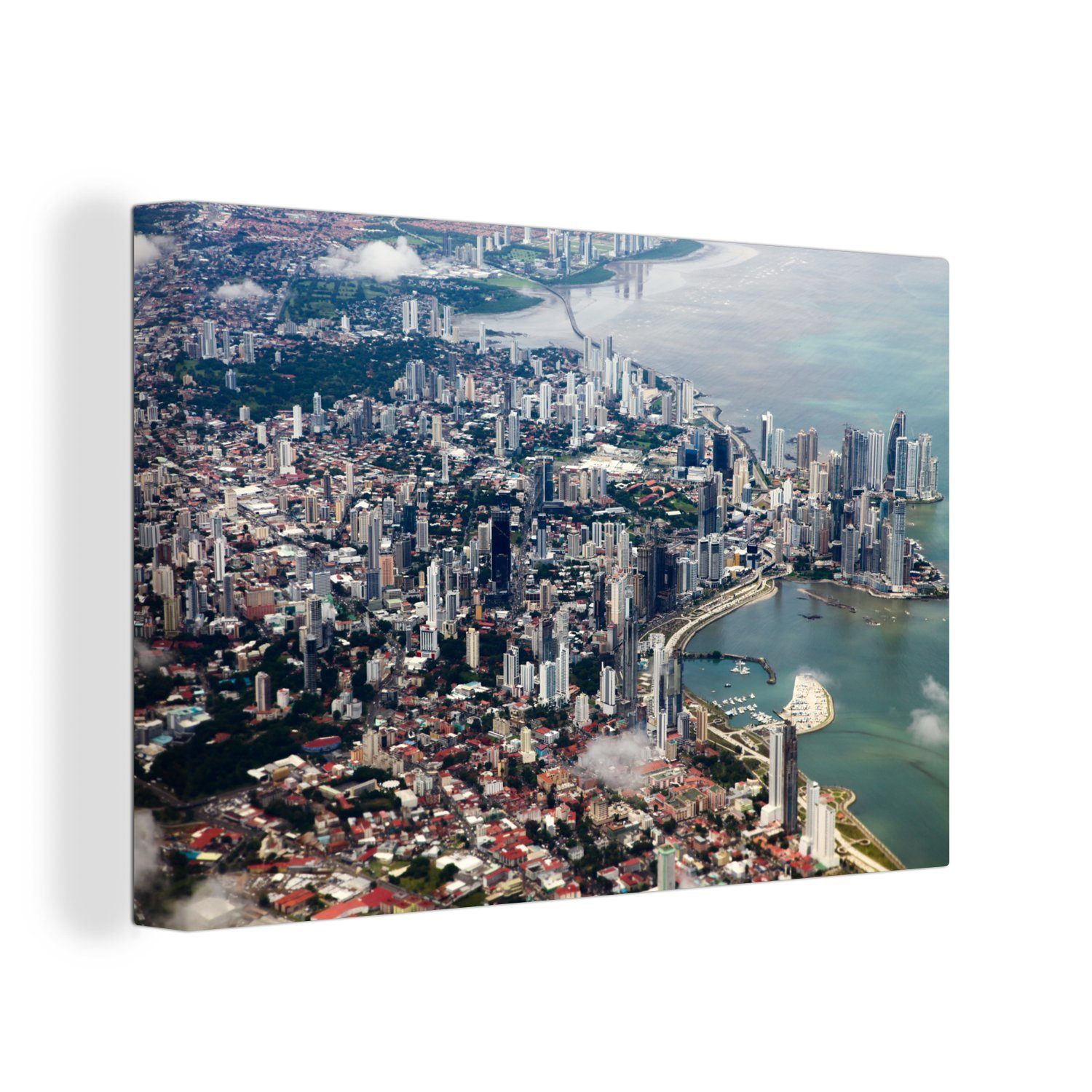 OneMillionCanvasses® Leinwandbild Luftaufnahme des Stadtzentrums von Panama, (1 St), Wandbild Leinwandbilder, Aufhängefertig, Wanddeko, 30x20 cm