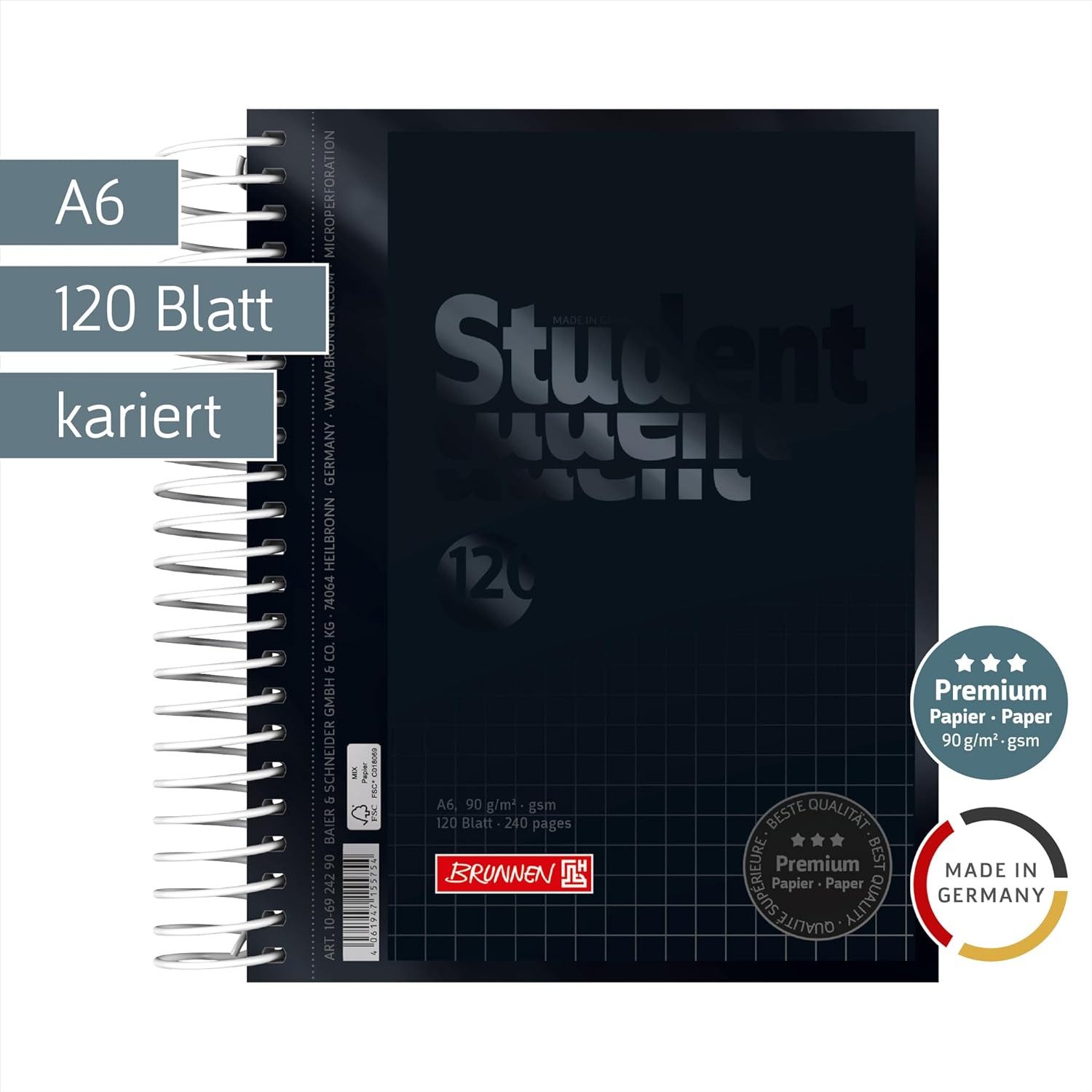 BRUNNEN Notizblock BRUNNEN College-Block A6 kariert 120 Blatt Onyx