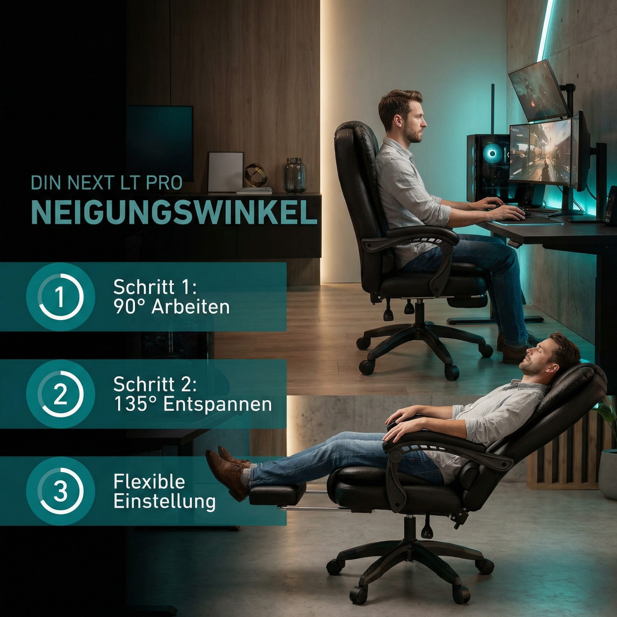 Huracan Schreibtischstuhl Luxus Bürostuhl mit Liegefunktion, 135° Neigung, Ergonomischer Chefsessel, Drehstuhl bis 150 kg Belastbarkeit
