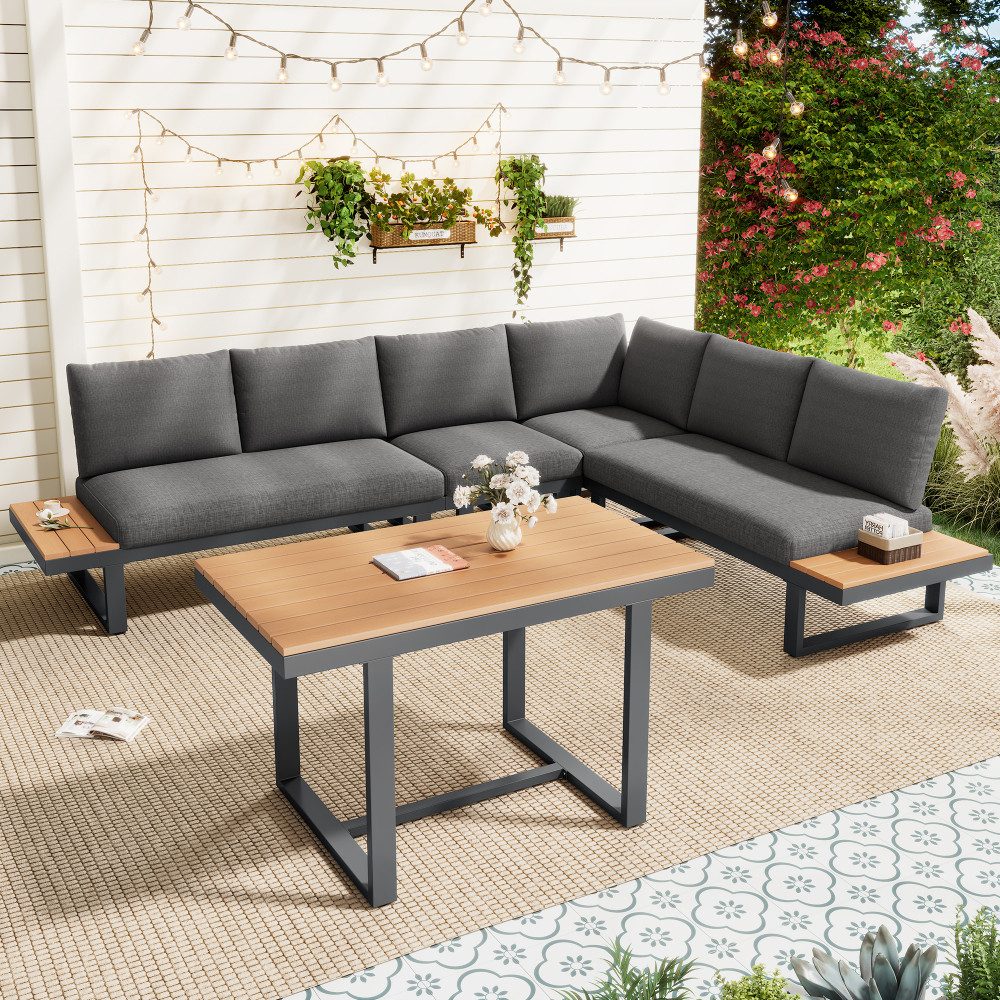 BBWL Gartenlounge-Set mit Esstisch, Stahlrahmen wetterfest, Kunststoffholz Tischplatte,grau, Gartenmöbel Essgruppe Ecklounge verstellbar