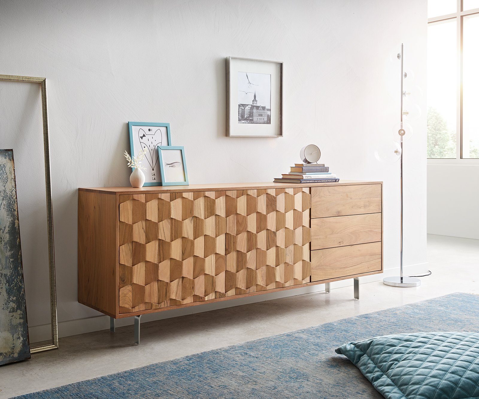 DELIFE Sideboard Fevo, Akazie Natur 175 cm 2 Türen 3 Schubfächer L-Fuß Sideboard