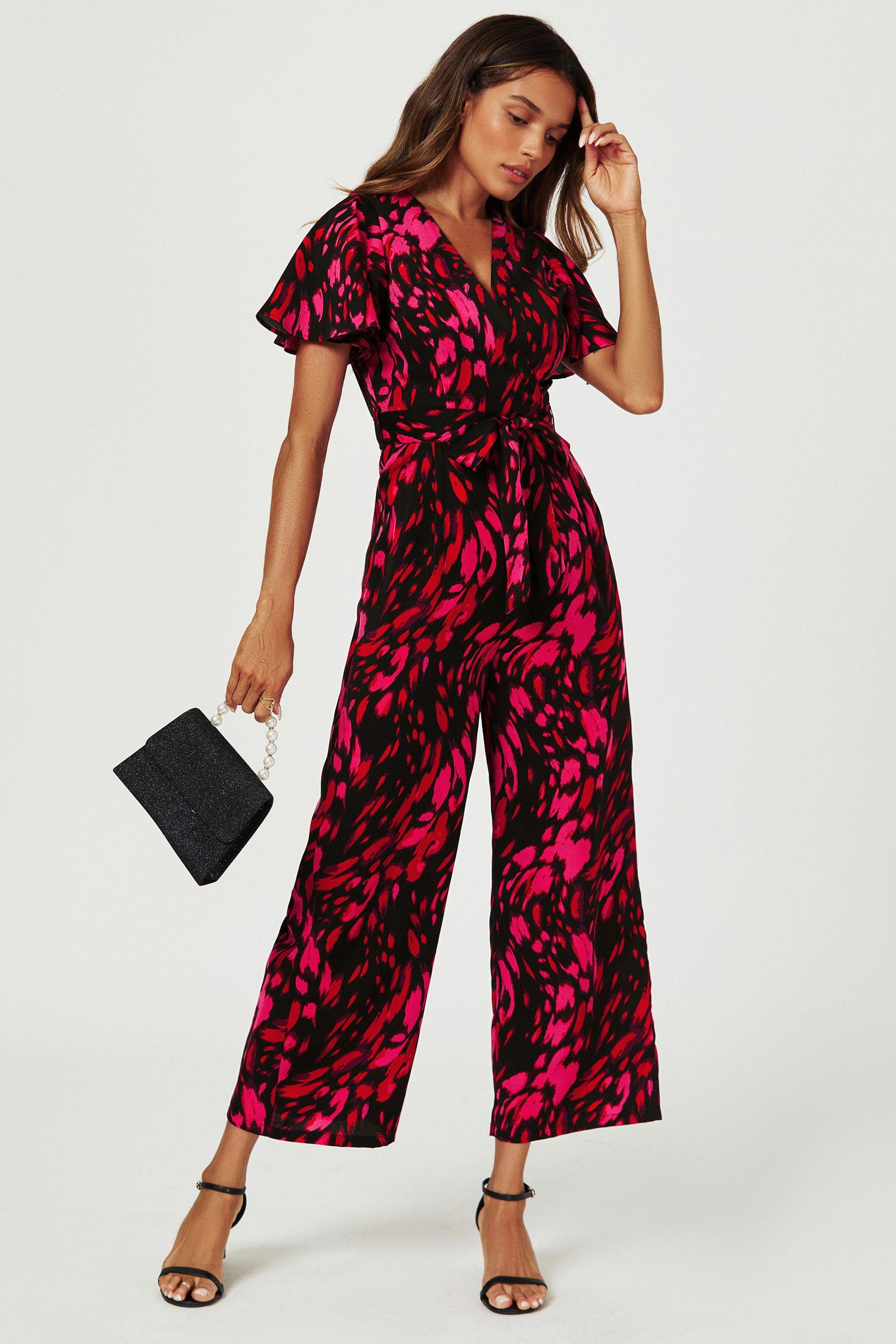 FS Collection Jumpsuit Damen Jumpsuit mit Wickeloberteil und weitem Bein (XS (EU:36 / UK:8) · S (EU:38 / UK:10) · M (EU:40 / UK:12) · L (EU:42 / UK:14) · XL (EU:44 / UK:16), 3 Farben: Rostrot, Schwarz, Grün) Wickeloptik, Statement-Print, elegante Silhouette