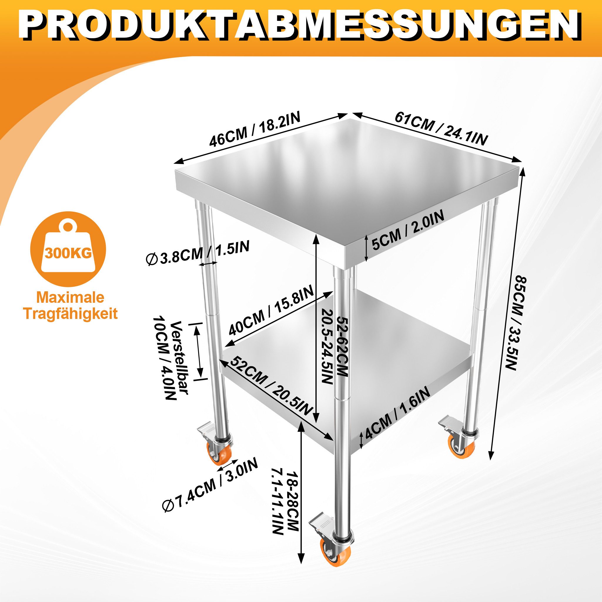 FIVMEN Arbeitstisch Edelstahltisch Edelstahl Küchen Grilltisch mit 4 Räder Küchenplatte, Professionelle Gewerbliche Küchenarbeitsbank für Restaurant, Schule