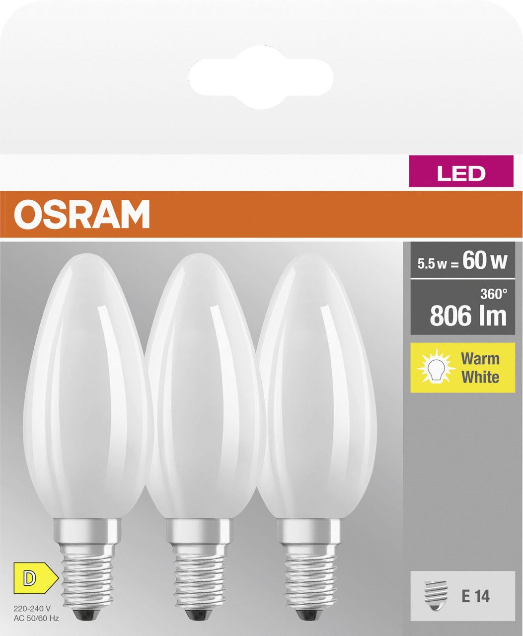Osram LED-Leuchtmittel Osram LED Kerzenlampe E14 5,5 W warmweiß weiß matt, Nicht dimmbar