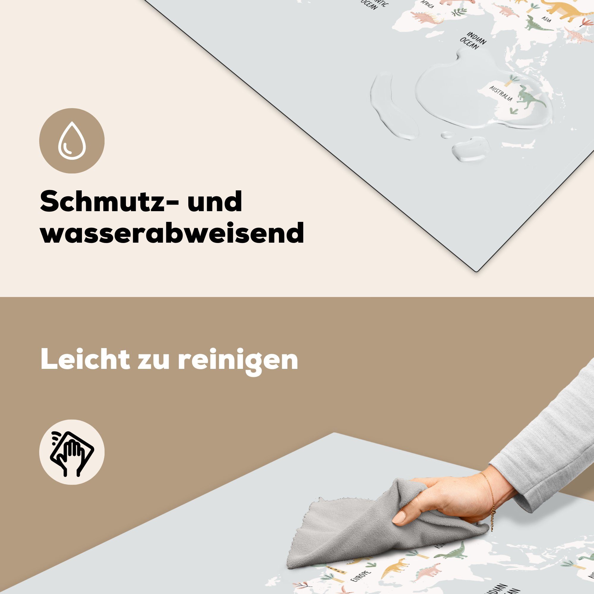 für - Vinyl, Dino, - (1 Kind 78x78 Herdblende-/Abdeckplatte cm, MuchoWow küche tlg), Karte Arbeitsplatte Ceranfeldabdeckung,