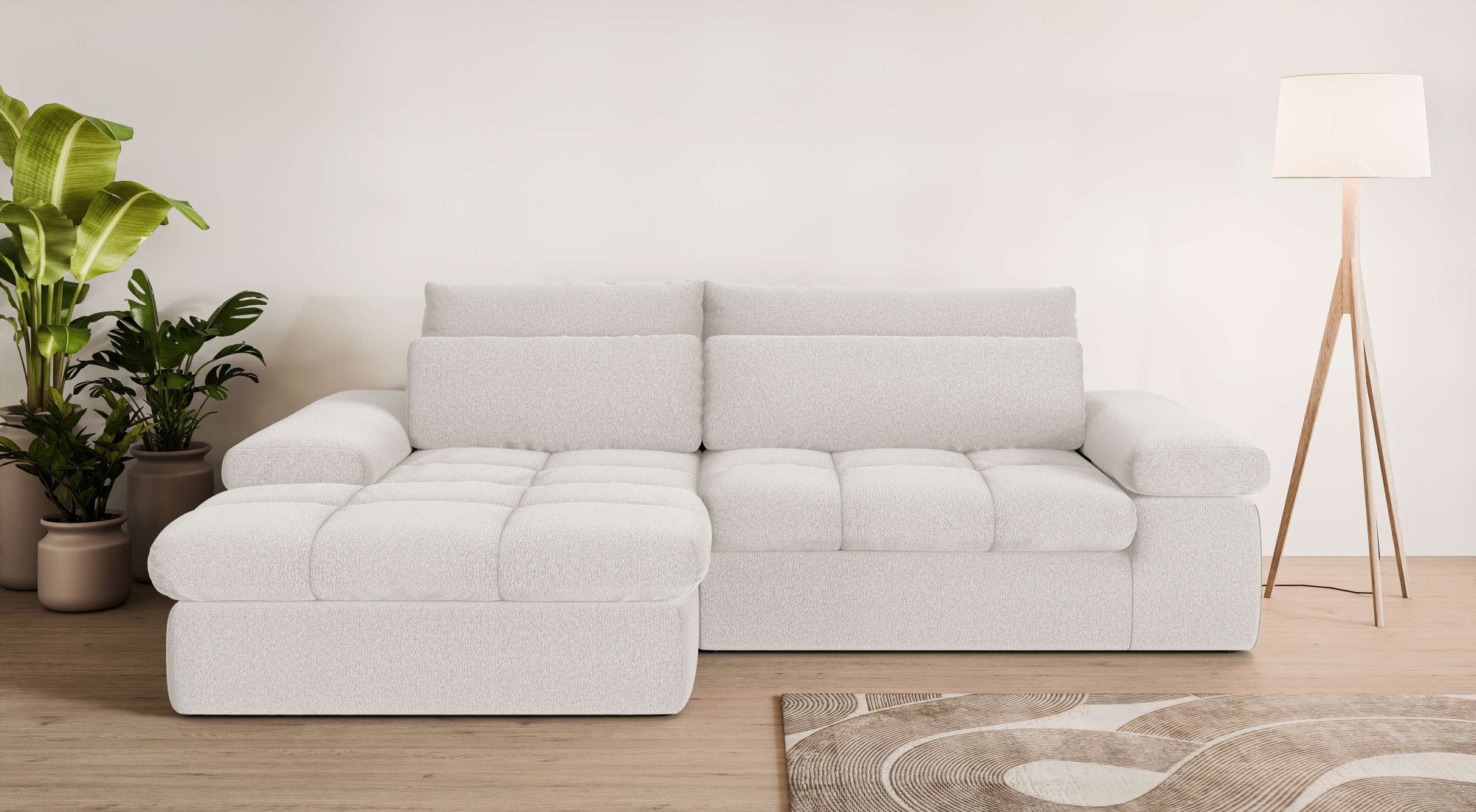 Ecksofa ALVERIE mit Recamiere, moderne Steppung, Maße: B/T/H 274/203/106 cm