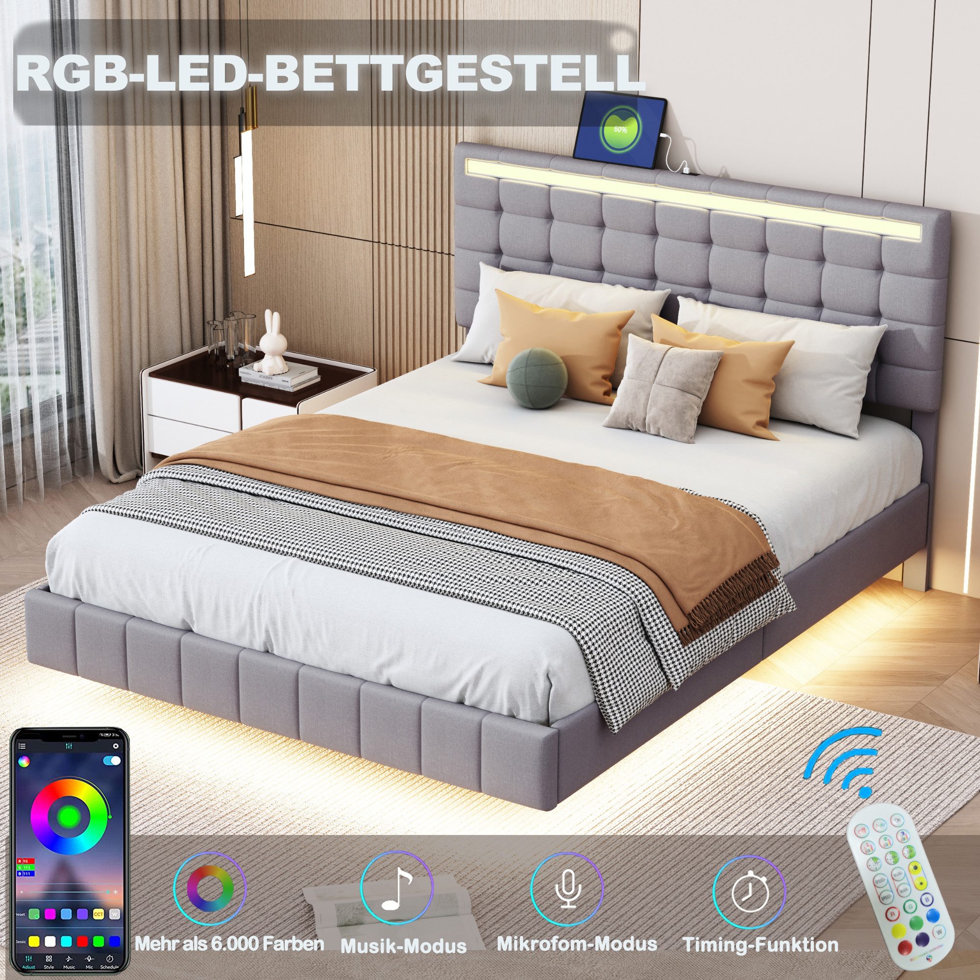 STILVORA Polsterbett 140x200 Bettgestell mit LED-Beleuchtung,Jugendbett günstig online kaufen
